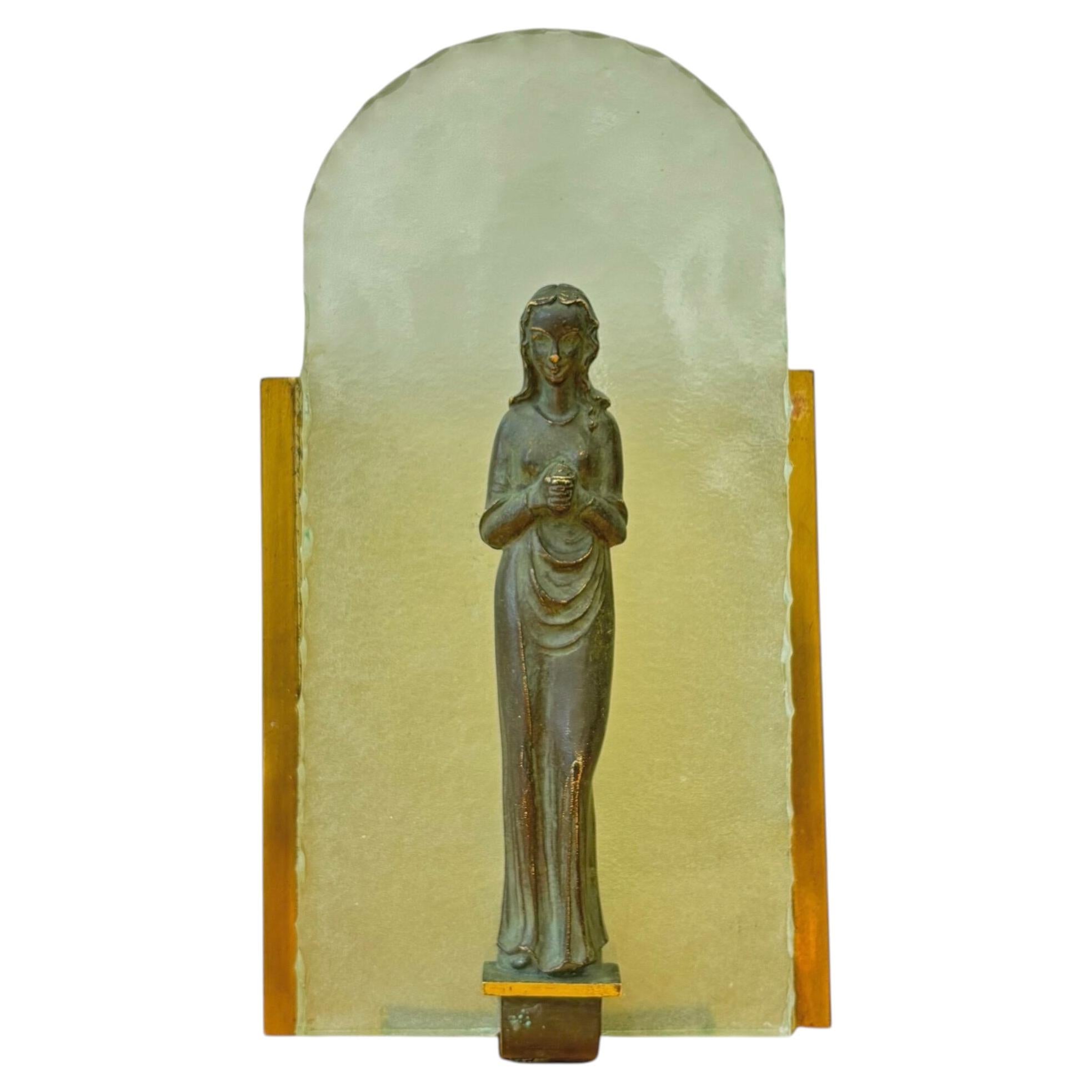 Swedish Modern wall lamp, Virgin Mary, brass and frosted glass, 1930s For Sale
