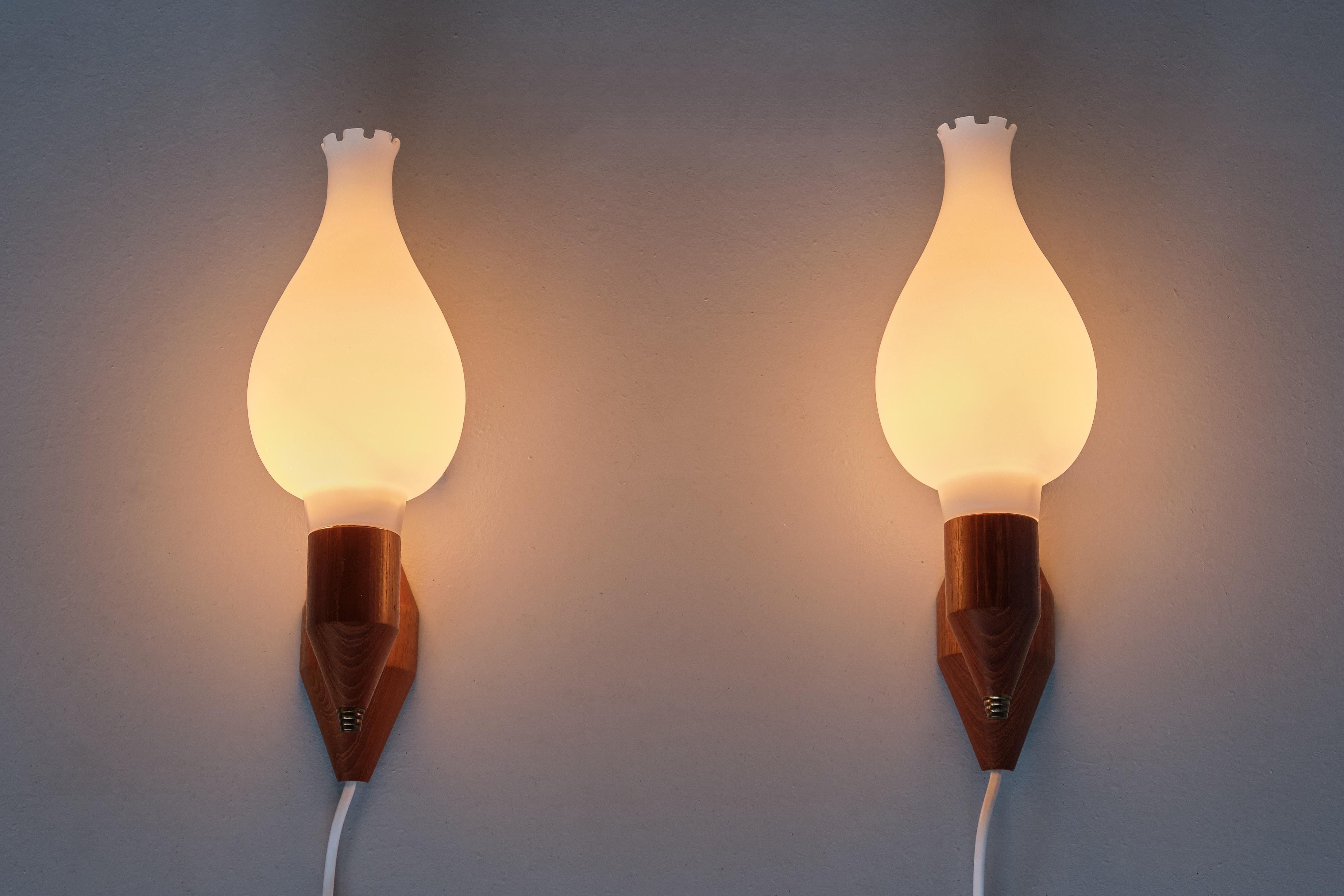 Mid-20th Century Swedish Modern Wall Lamps in Teak Wood, Brass and Opaline Glass, Sweden, 1950s For Sale