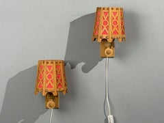Swedish Modern, Wall Lights, Pine, Red Textile, Sweden, 1970s
