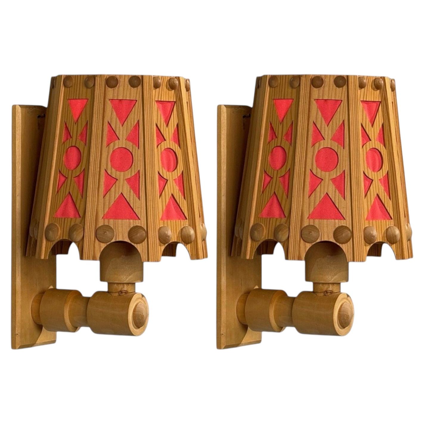 Swedish Modern, Wall Lights, Pine, Red Textile, Sweden, 1970s For Sale