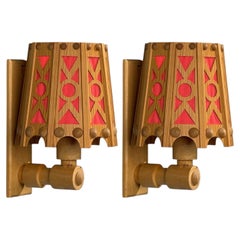 Swedish Modern, Wall Lights, Pine, Red Textile, Sweden, 1970s
