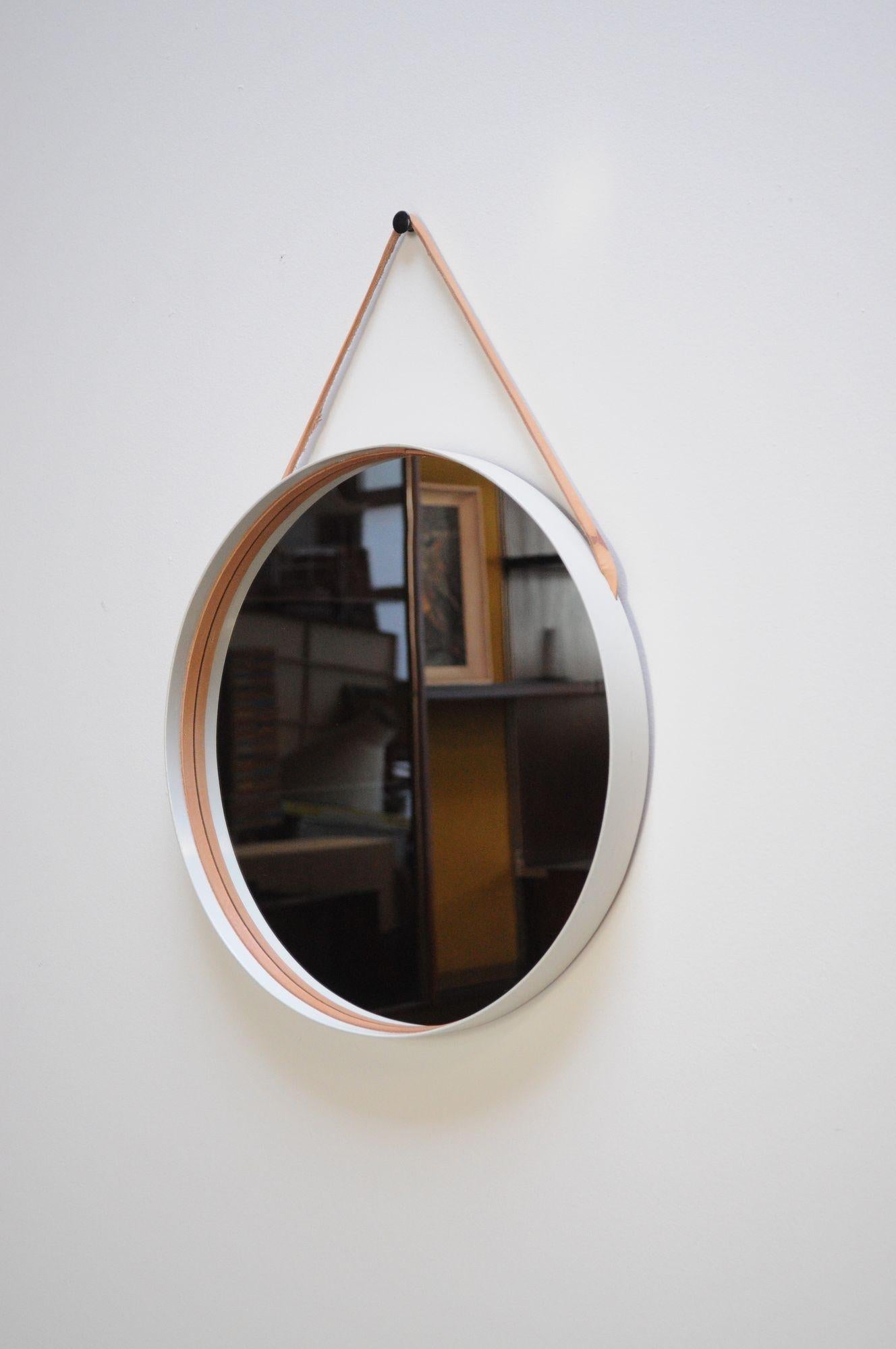 Swedish Modern White Bentwood Mirror with Leather Hanging Strap by Glas Mäster For Sale 13