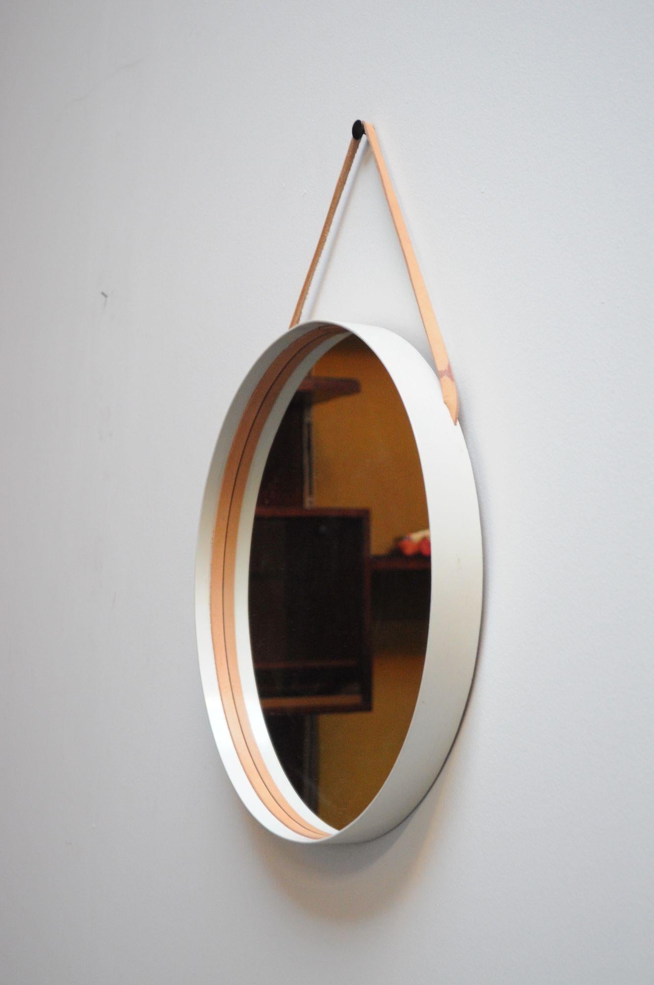 Swedish Modern White Bentwood Mirror with Leather Hanging Strap by Glas Mäster For Sale 14