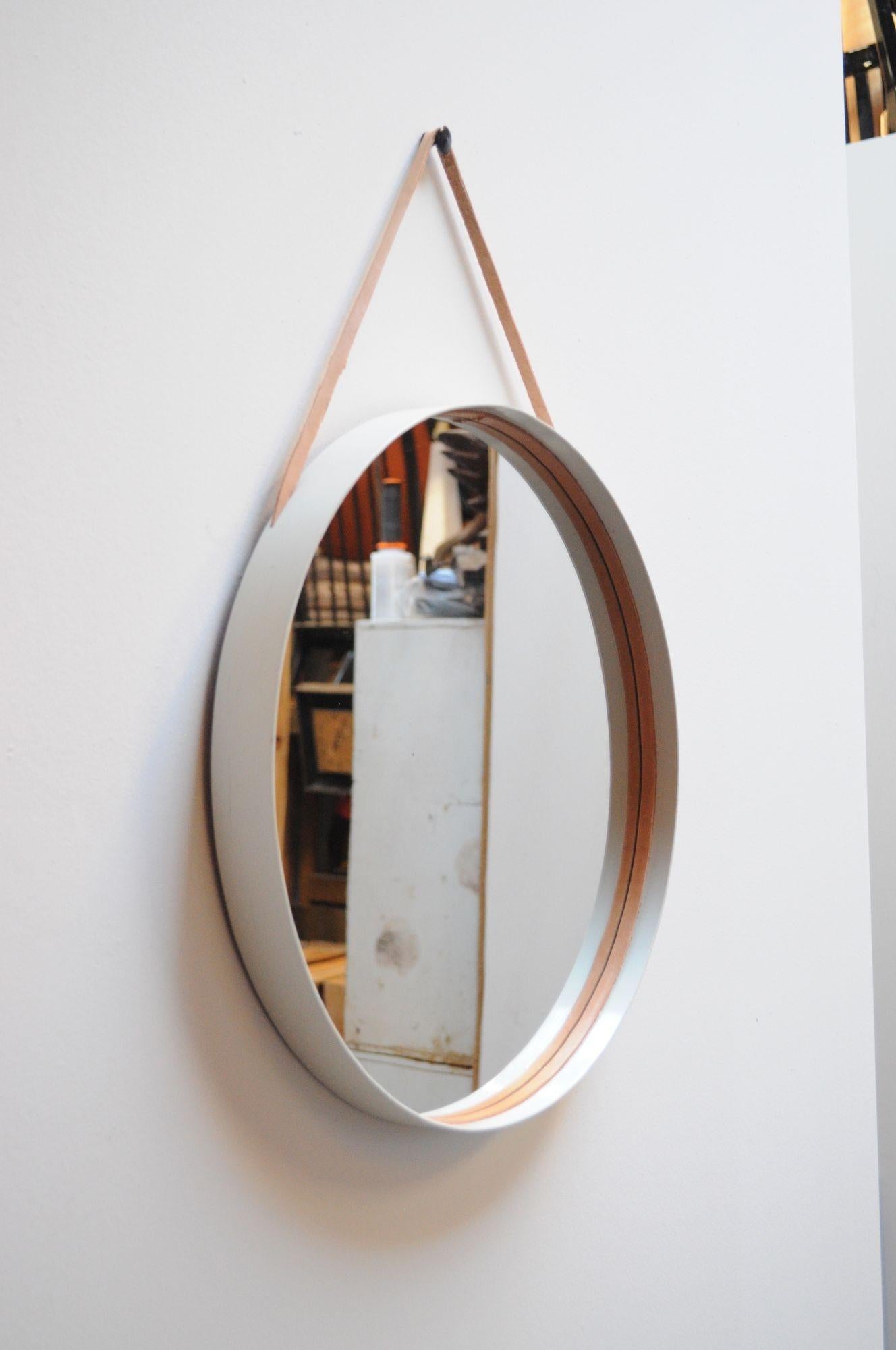 Scandinavian Modern Swedish Modern White Bentwood Mirror with Leather Hanging Strap by Glas Mäster For Sale