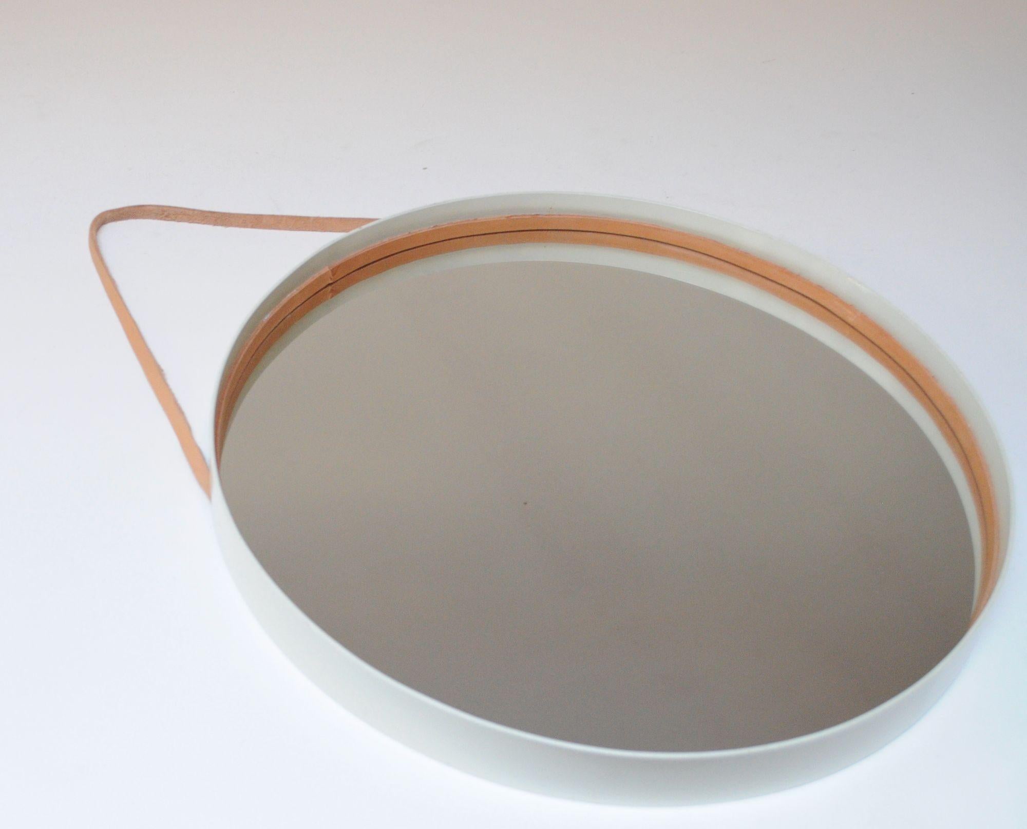 Swedish Modern White Bentwood Mirror with Leather Hanging Strap by Glas Mäster In Good Condition For Sale In Brooklyn, NY