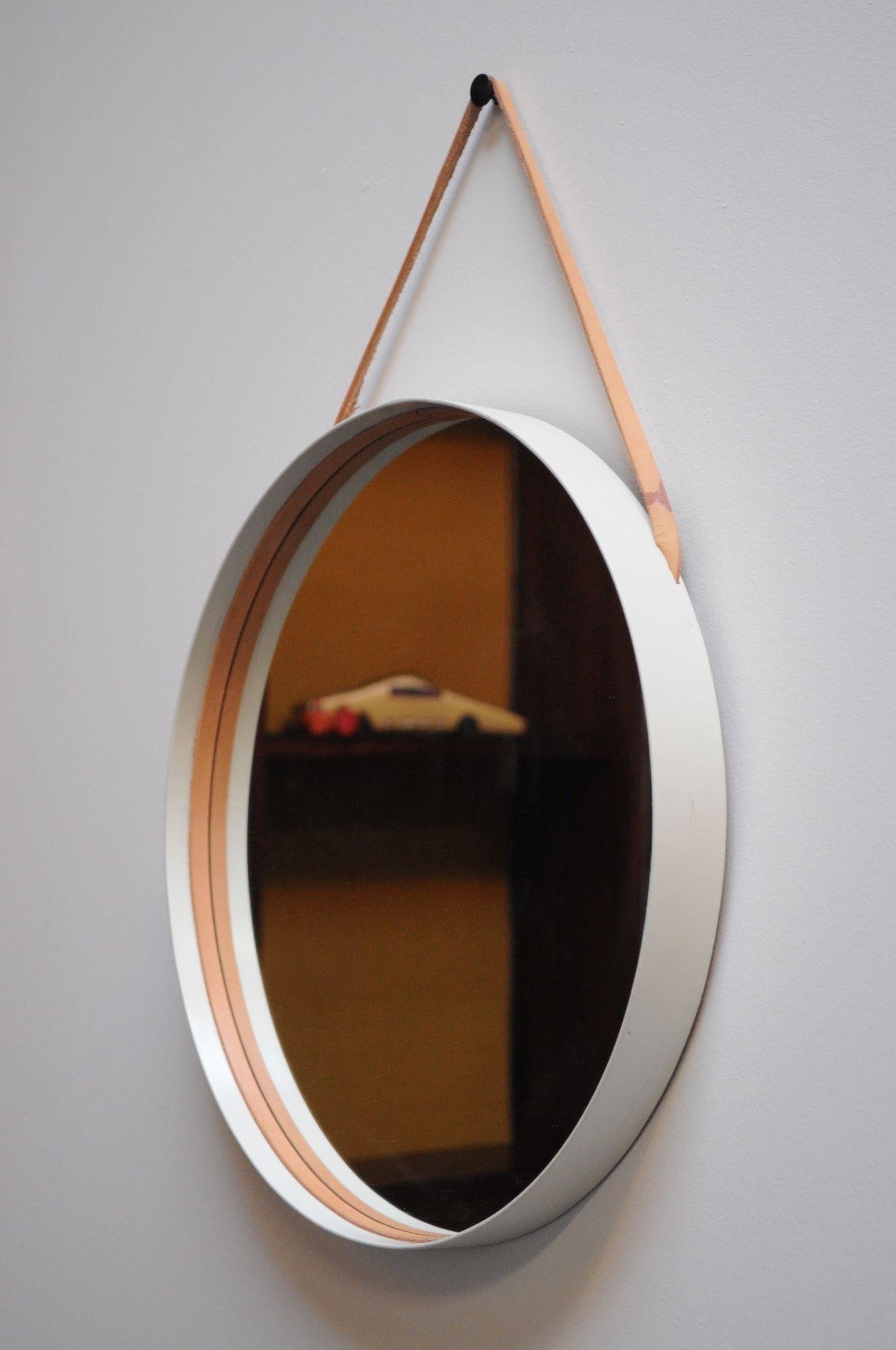 Mid-20th Century Swedish Modern White Bentwood Mirror with Leather Hanging Strap by Glas Mäster For Sale
