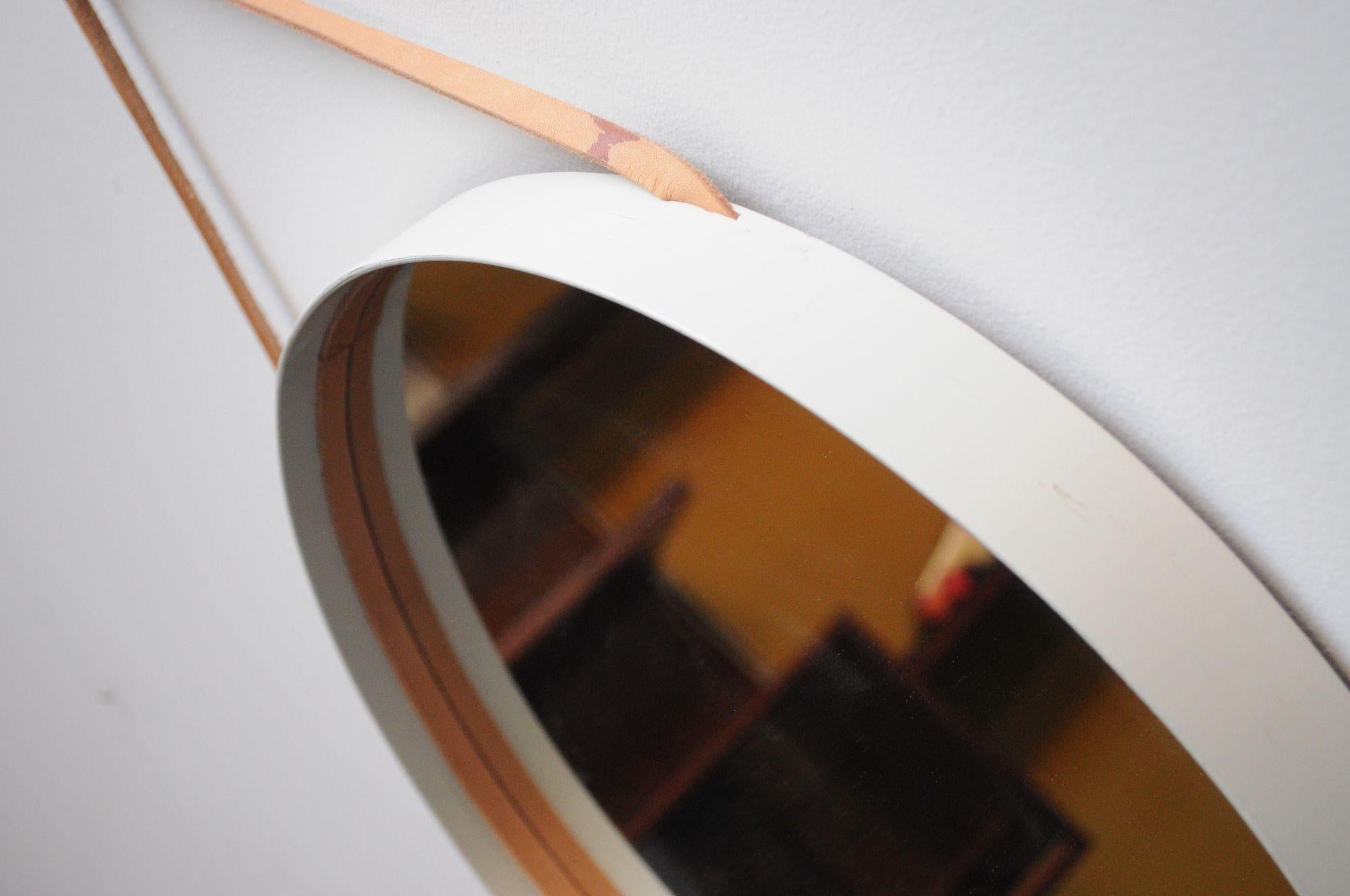 Swedish Modern White Bentwood Mirror with Leather Hanging Strap by Glas Mäster For Sale 4