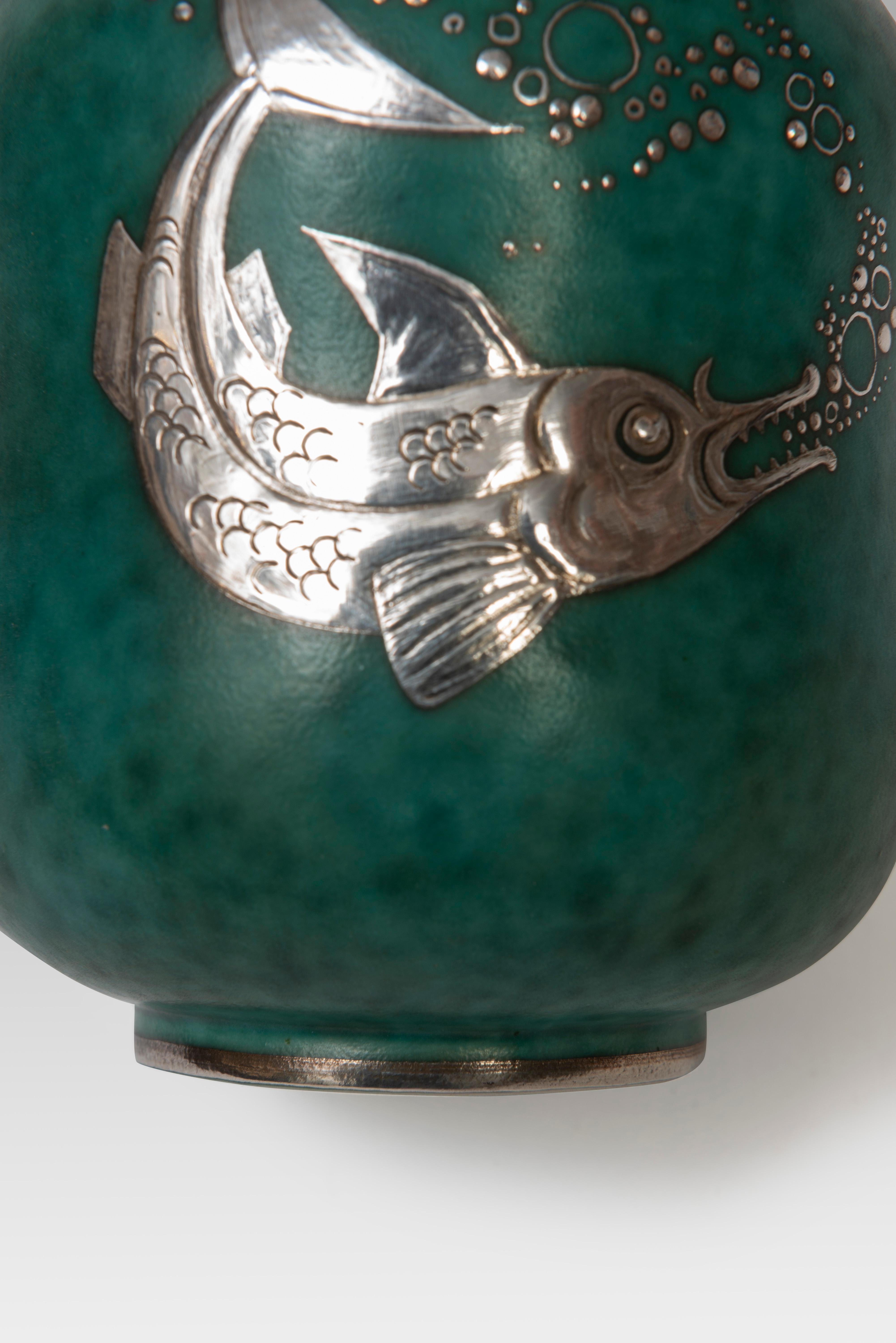 Scandinavian Modern Swedish Modern Wilhelm Kage Argenta Stoneware and Silver Vase, Argenta Fish Vase