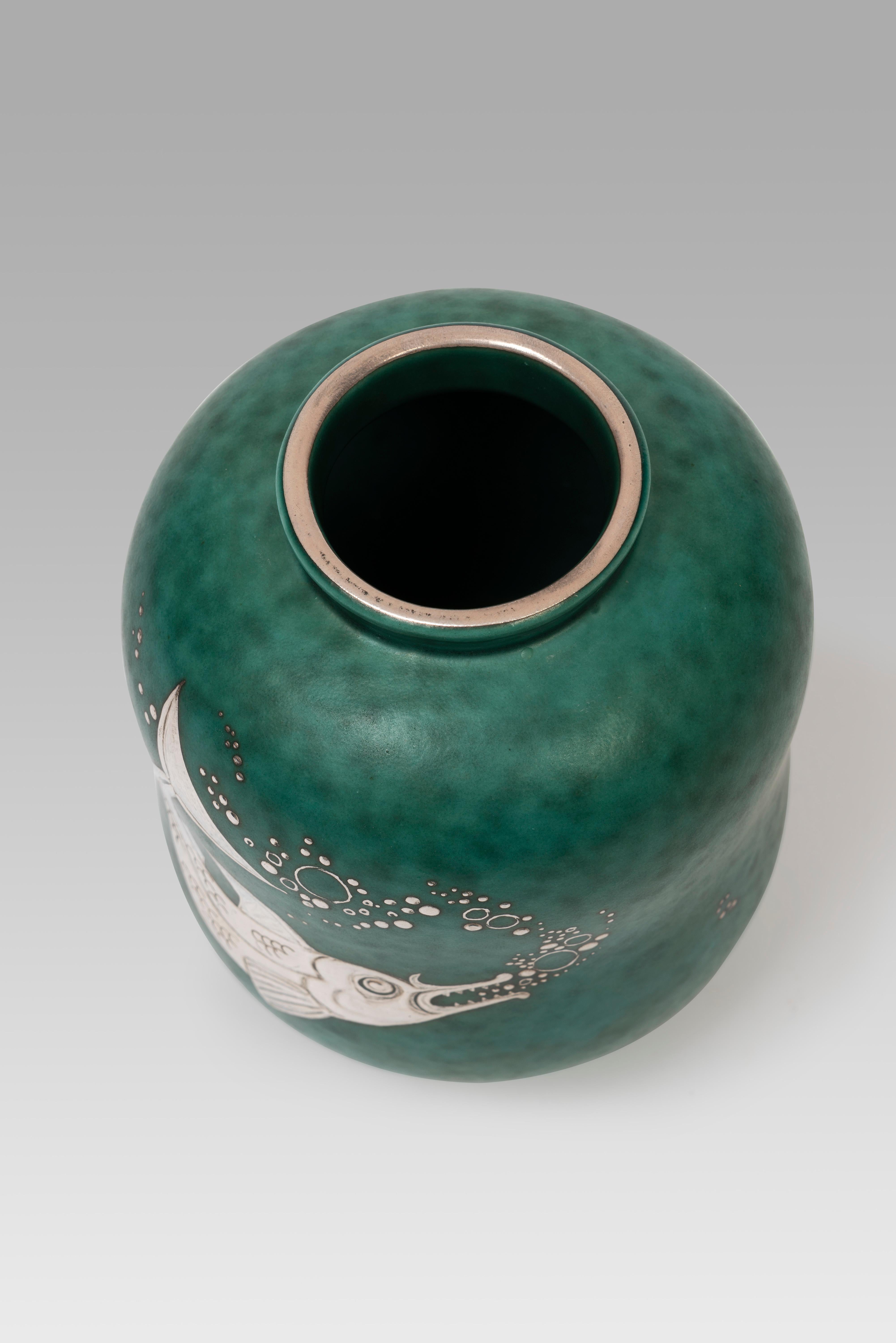 Swedish Modern Wilhelm Kage Argenta Stoneware and Silver Vase, Argenta Fish Vase In Good Condition In Uccle, BE