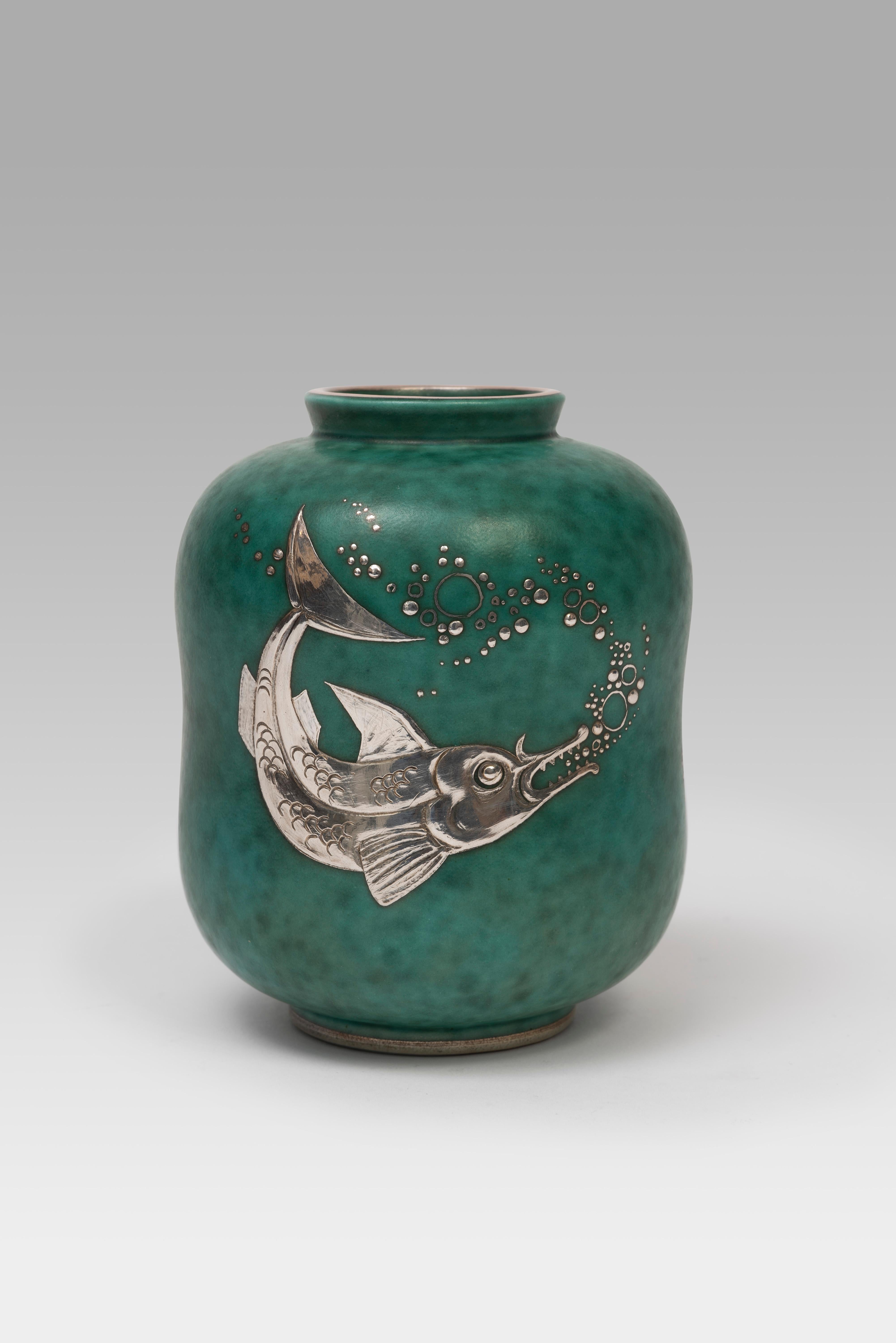 20th Century Swedish Modern Wilhelm Kage Argenta Stoneware and Silver Vase, Argenta Fish Vase