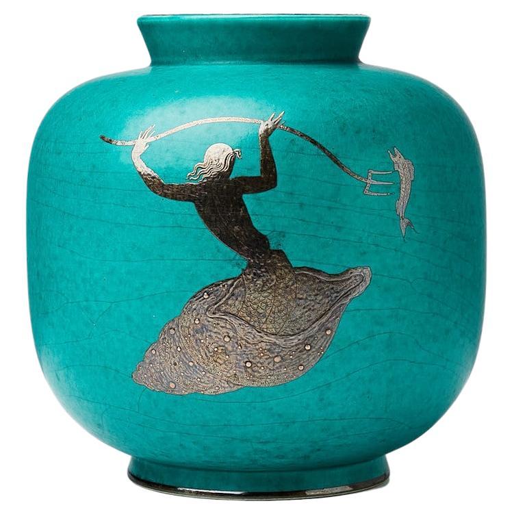Schwedische moderne Wilhelm Kage Argenta-Vase aus Steingut und Silber im Angebot