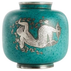 Vintage Swedish Modern Wilhelm Kåge Argenta Vase, green glazed stoneware and silver
