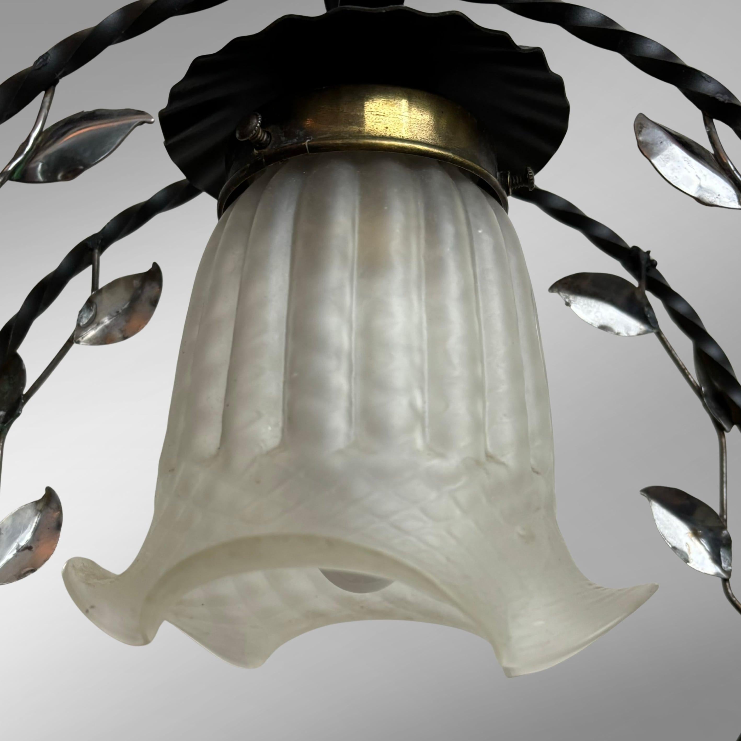 Swedish modern wrought iron pendant lamp with organic leaf decor, 1940s For Sale 4