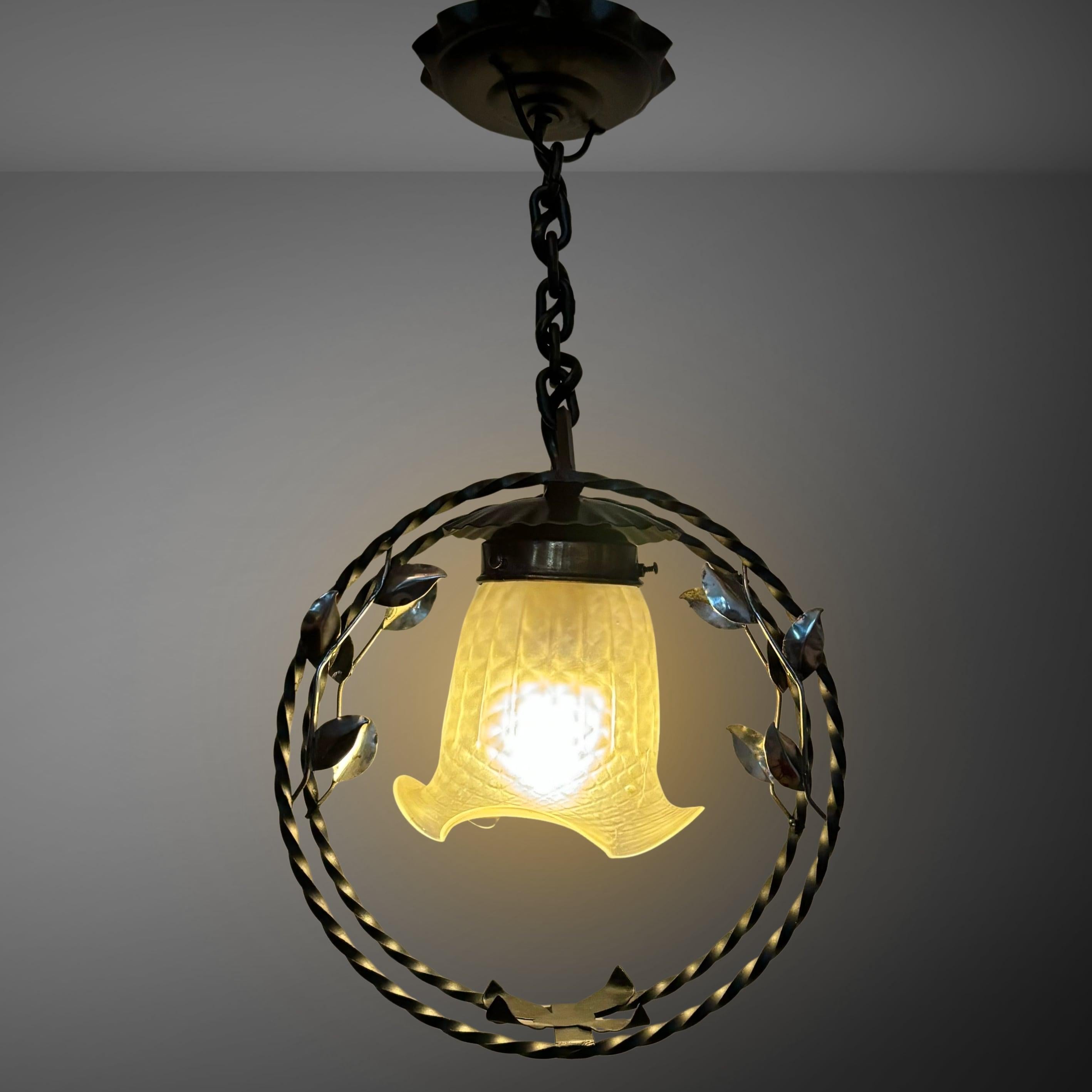 Scandinavian Modern Swedish modern wrought iron pendant lamp with organic leaf decor, 1940s For Sale
