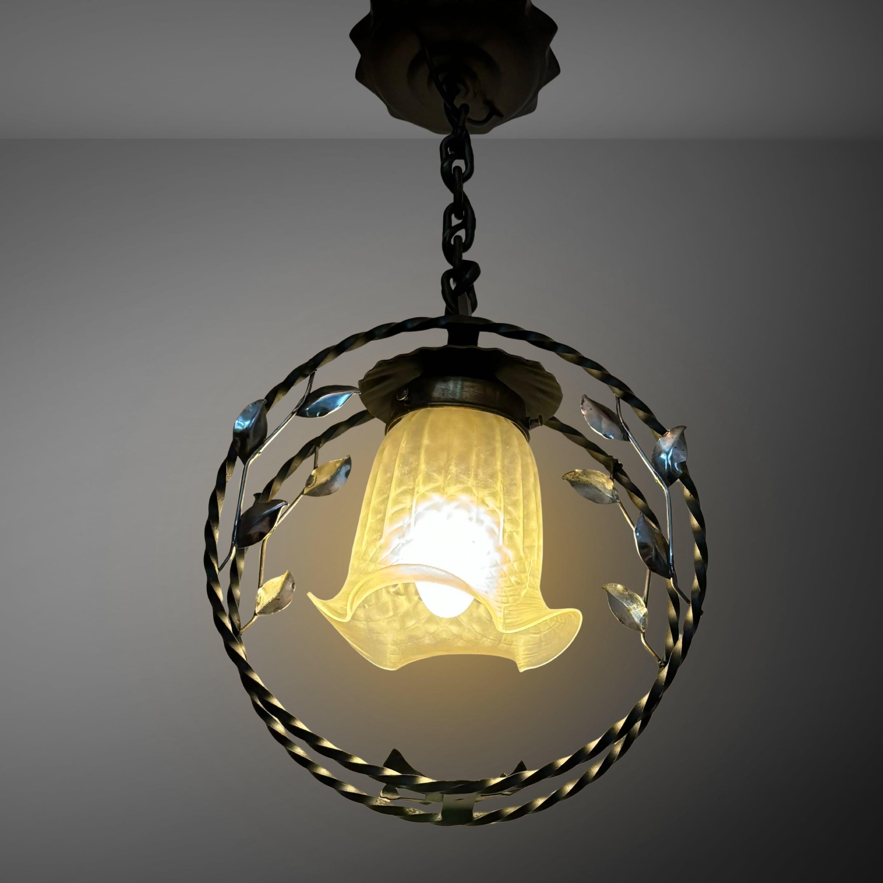 Mid-20th Century Swedish modern wrought iron pendant lamp with organic leaf decor, 1940s For Sale