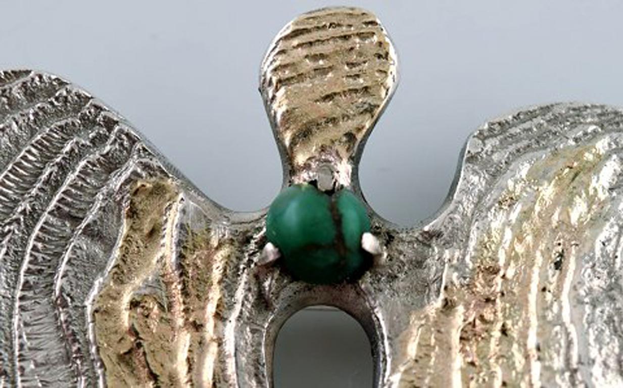 Swedish Modernist Brooch in Silver with Green Agate, Partially Gilded, 1968 In Good Condition In bronshoj, DK