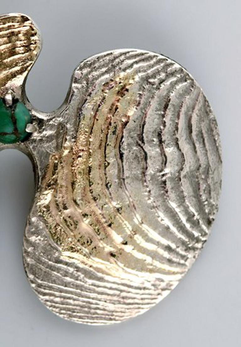Women's Swedish Modernist Brooch in Silver with Green Agate, Partially Gilded, 1968