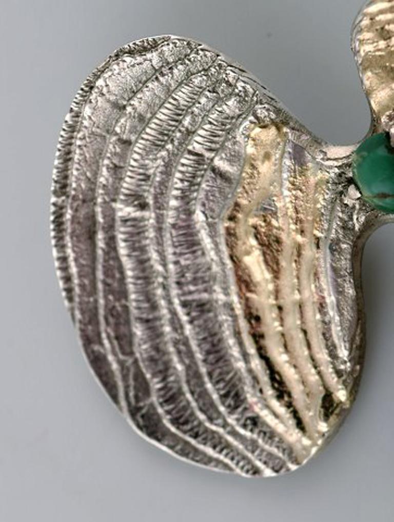 Swedish Modernist Brooch in Silver with Green Agate, Partially Gilded, 1968 1