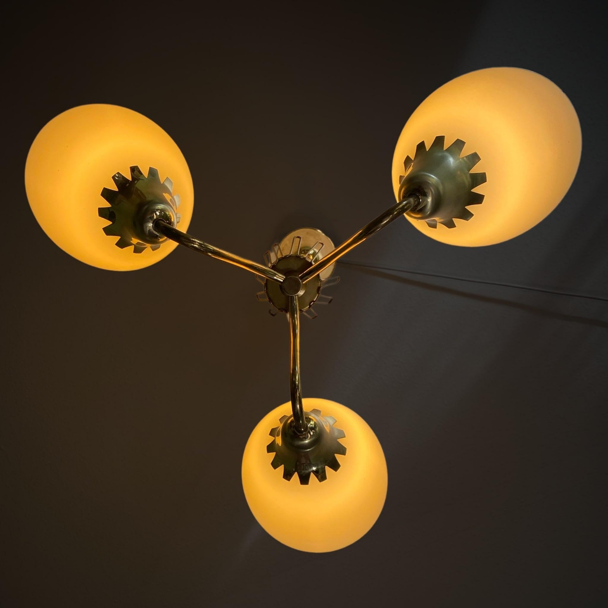Brass Swedish modernist chandelier, ASEA model A4350, brass and glass, 1950s For Sale