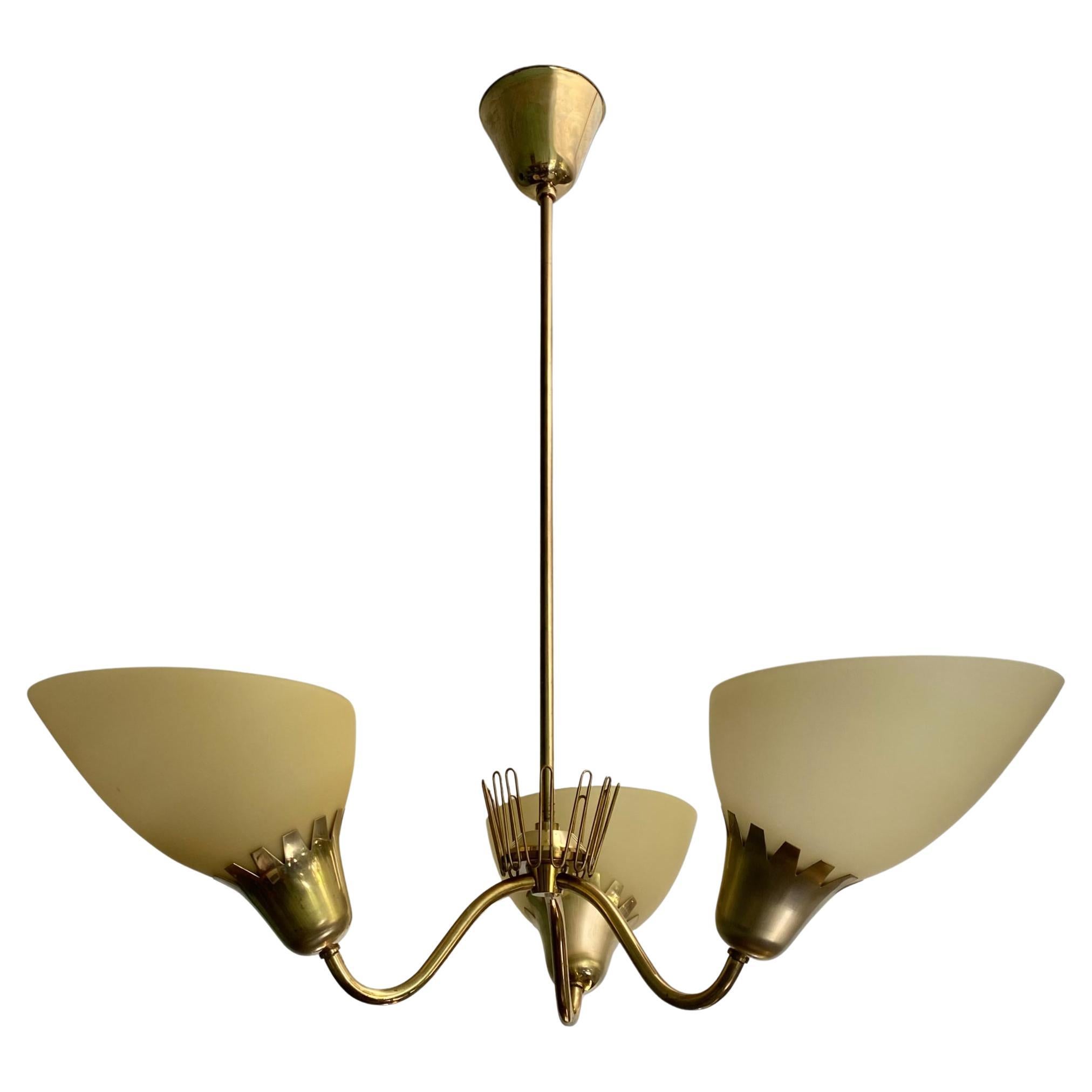 Swedish modernist chandelier, ASEA model A4350, brass and glass, 1950s For Sale