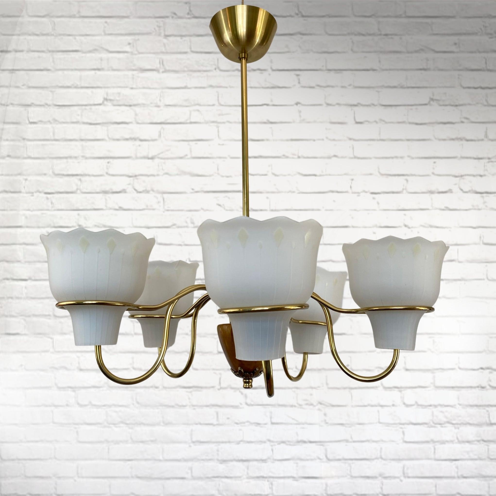 Mid-20th Century Swedish modernist chandelier, brass and glass, 1940s