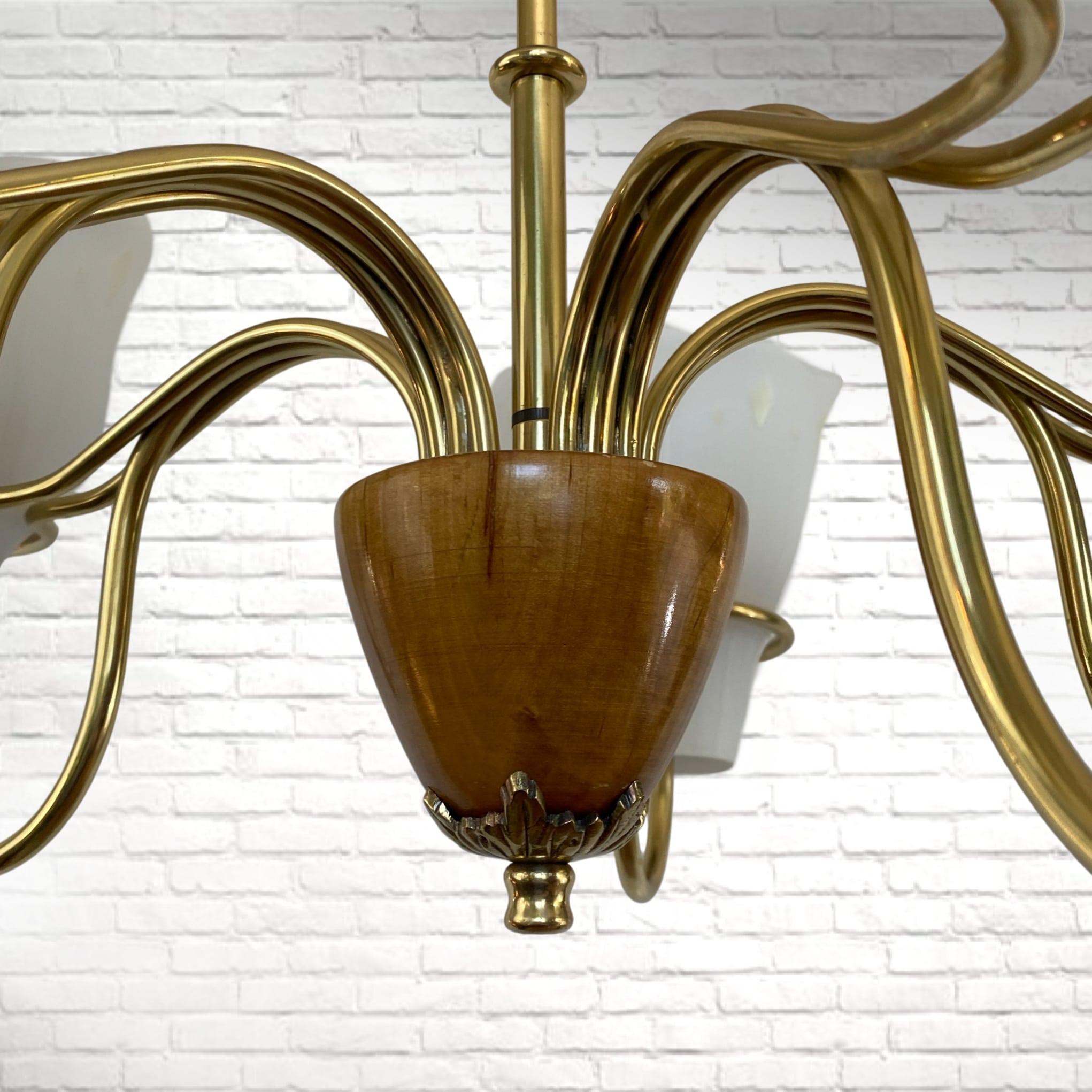 Swedish modernist chandelier, brass and glass, 1940s 1