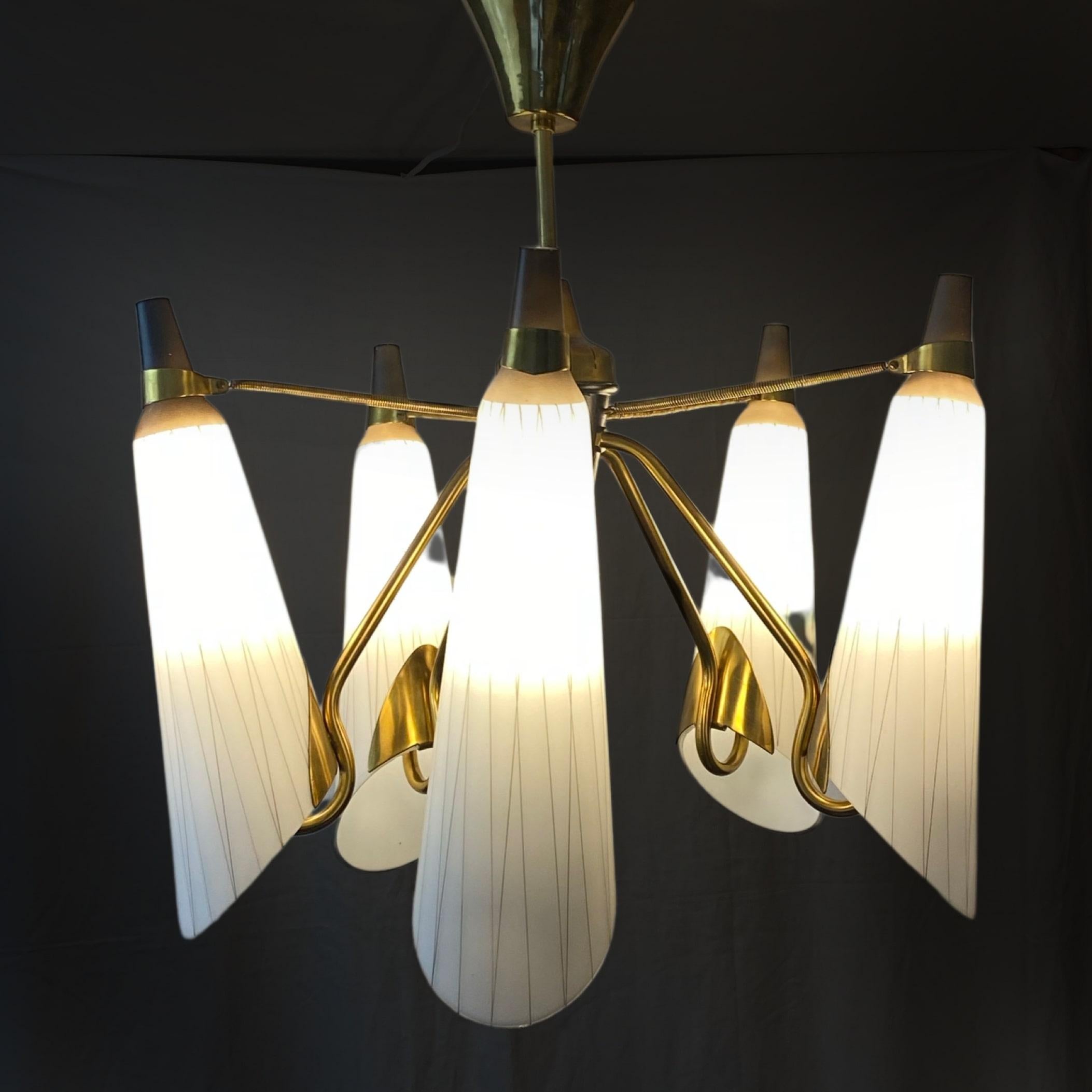 Swedish modernist chandelier, brass and glass, 1950s For Sale 6