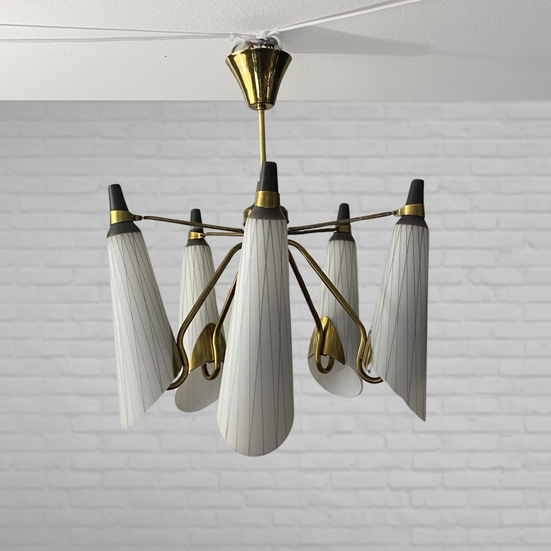 Mid-Century Modern Swedish modernist chandelier, brass and glass, 1950s For Sale