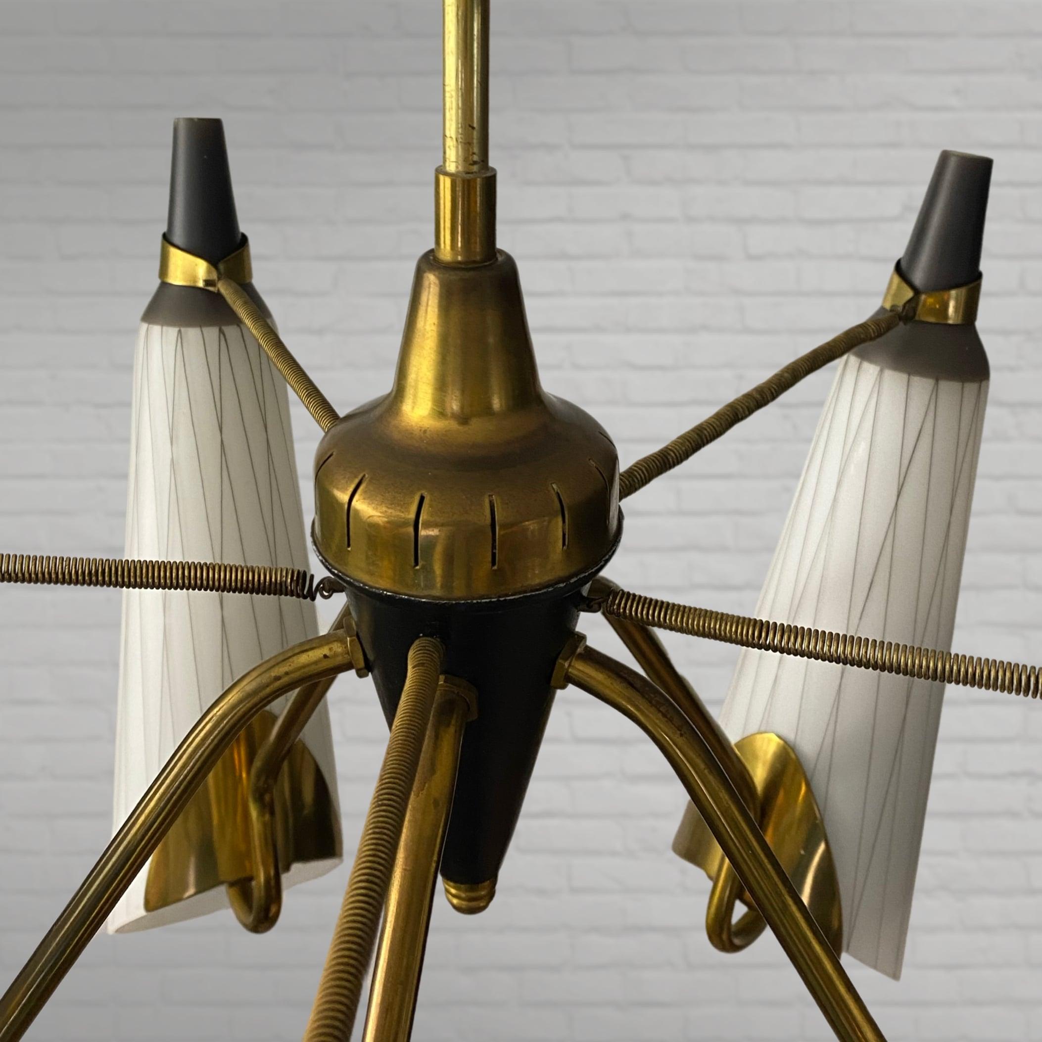 Mid-20th Century Swedish modernist chandelier, brass and glass, 1950s For Sale