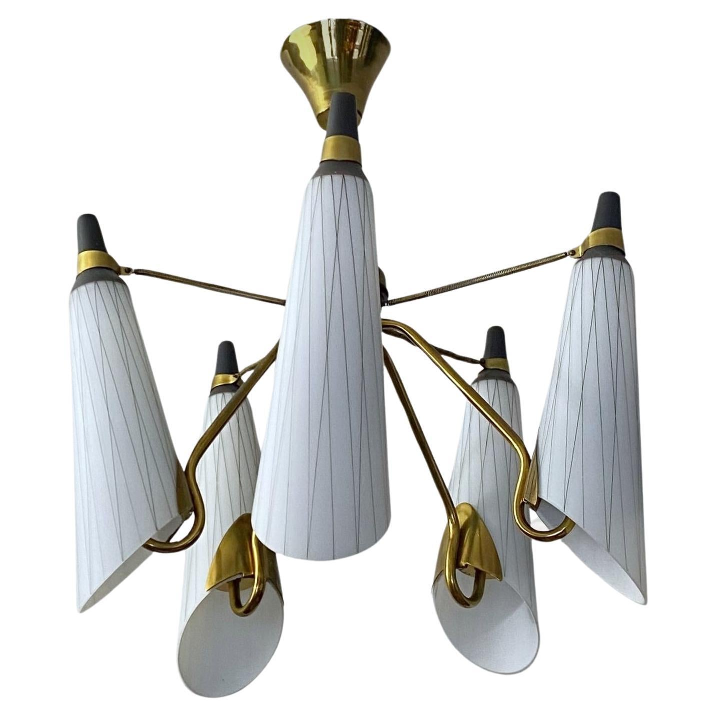 Swedish modernist chandelier, brass and glass, 1950s For Sale