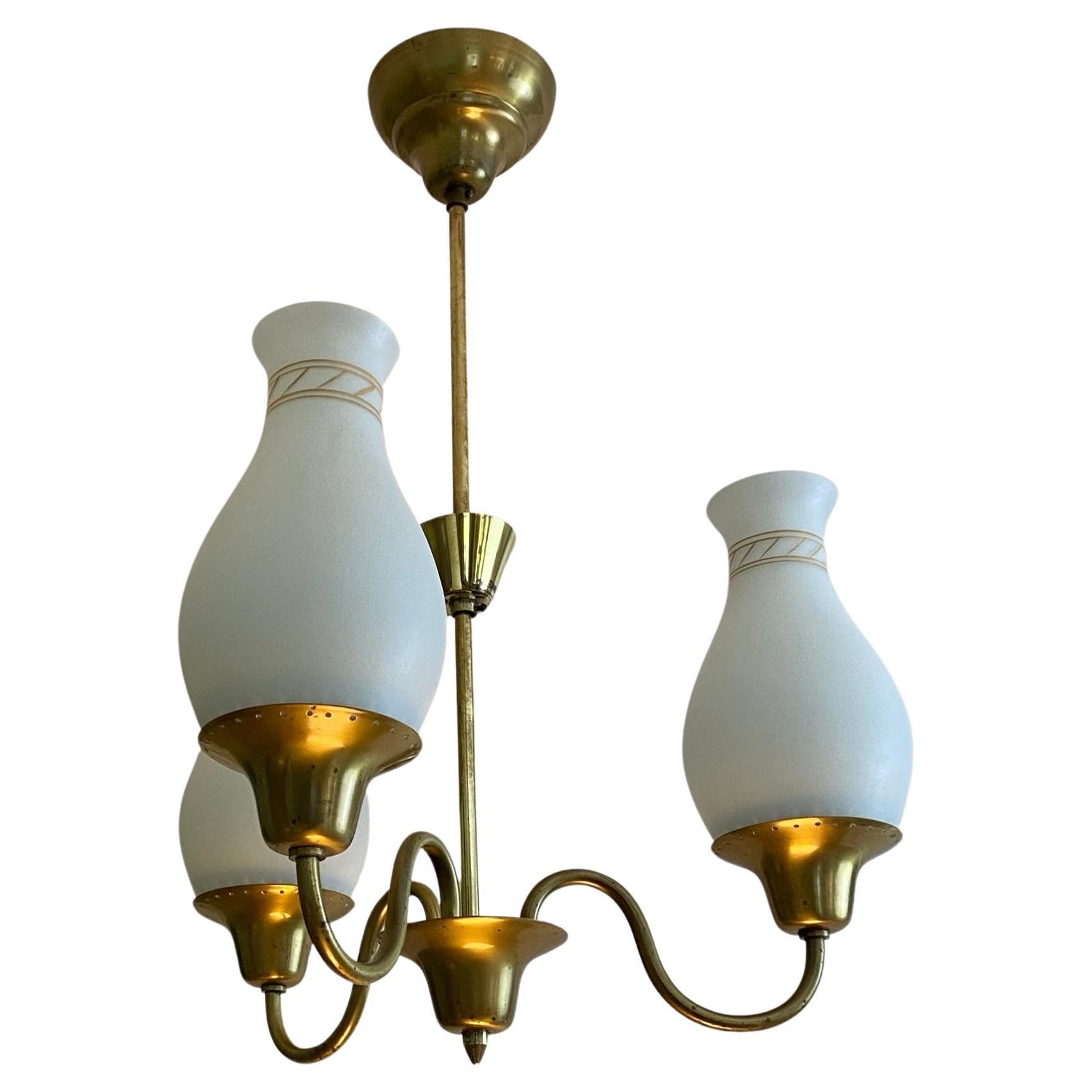 Swedish modernist chandelier, brass and glass, Scandinavian Modern, 1940s For Sale