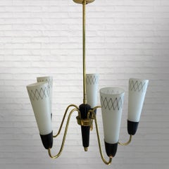 Swedish modernist chandelier, brass and glass, Scandinavian Modern, 1950s