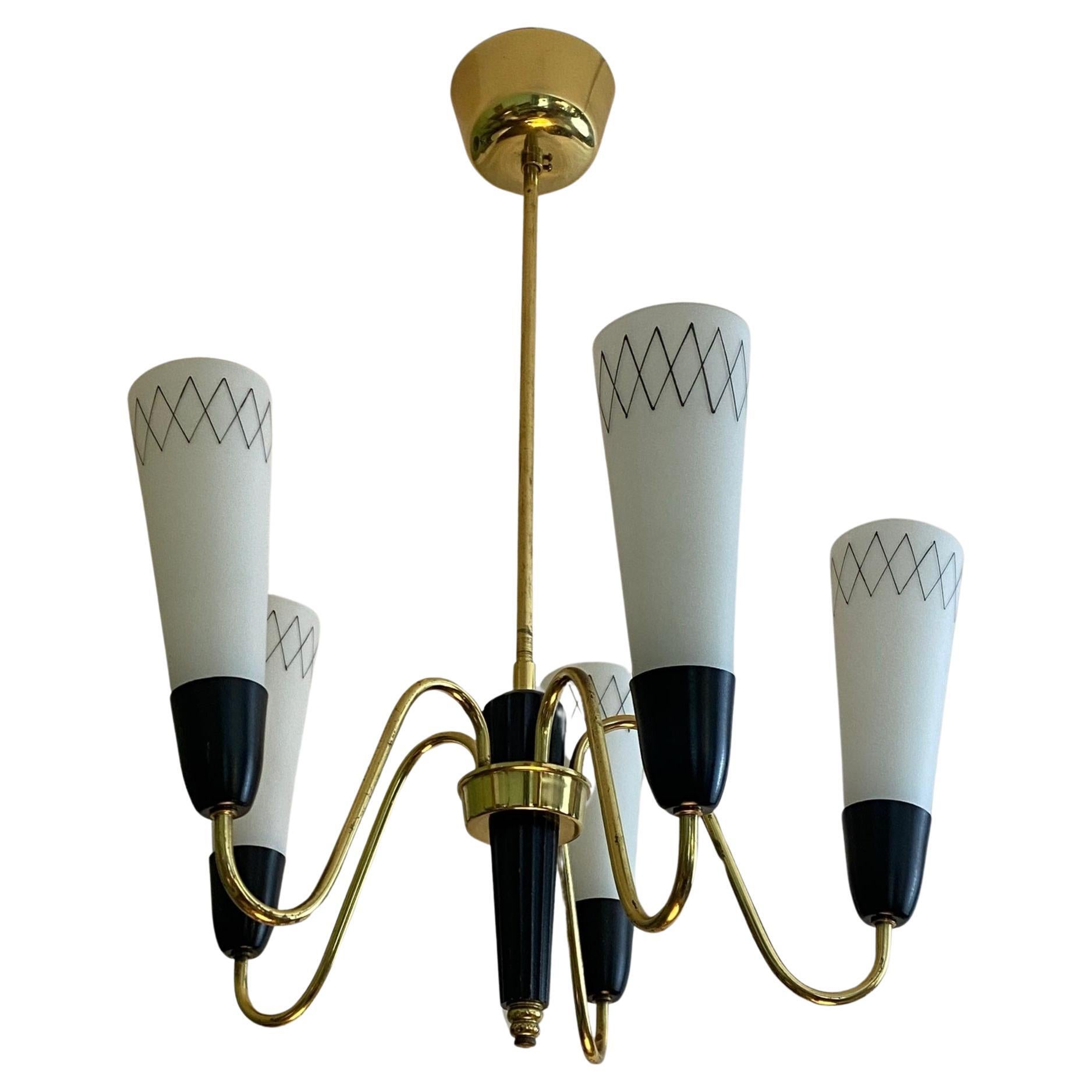 Swedish modernist chandelier, brass and glass, Scandinavian Modern, 1950s For Sale