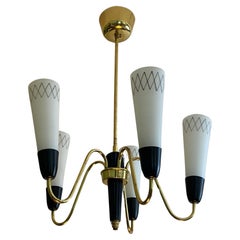 Vintage Swedish modernist chandelier, brass and glass, Scandinavian Modern, 1950s