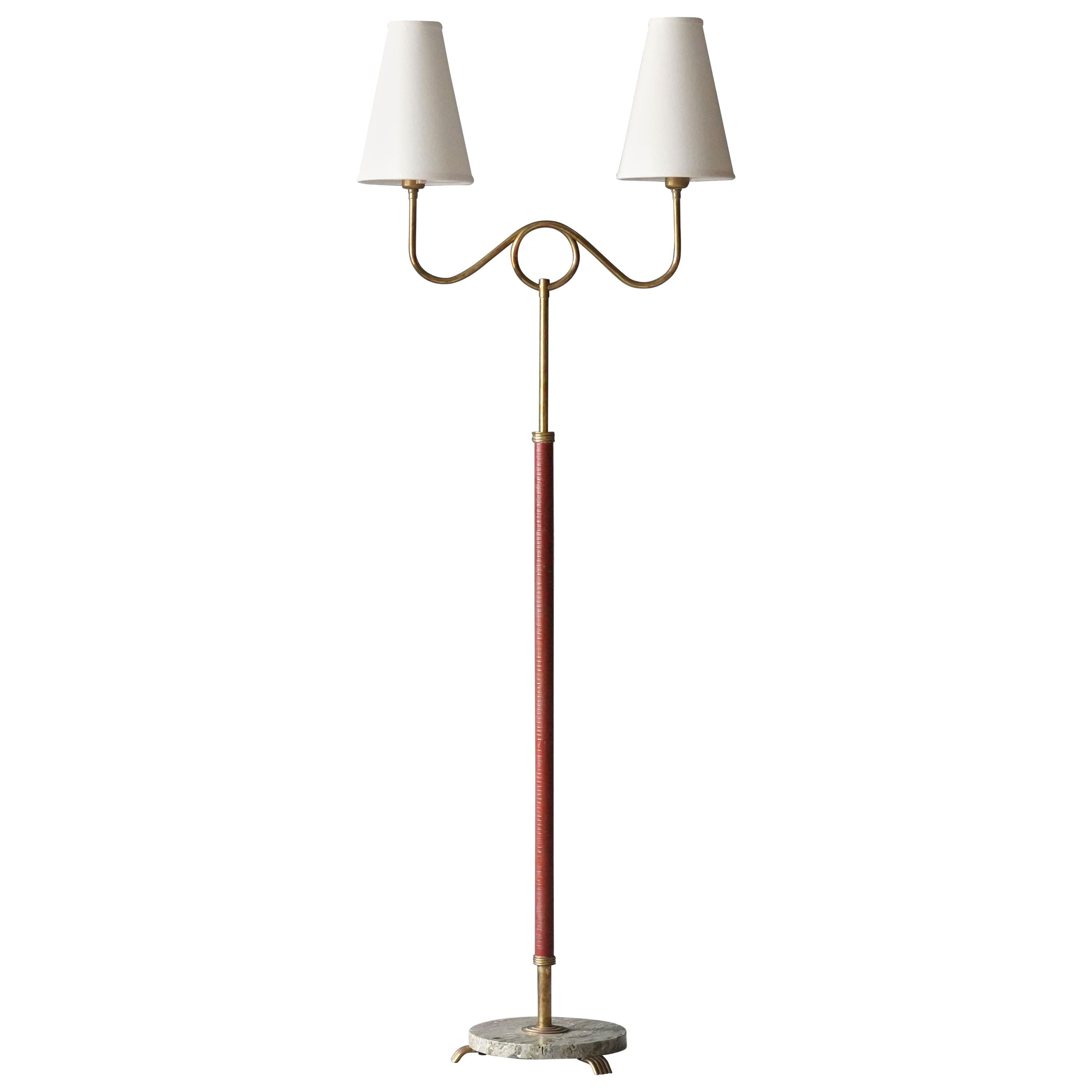 Swedish Modernist Designer, Floor Lamp, Brass, Marble, Leather, 1940s