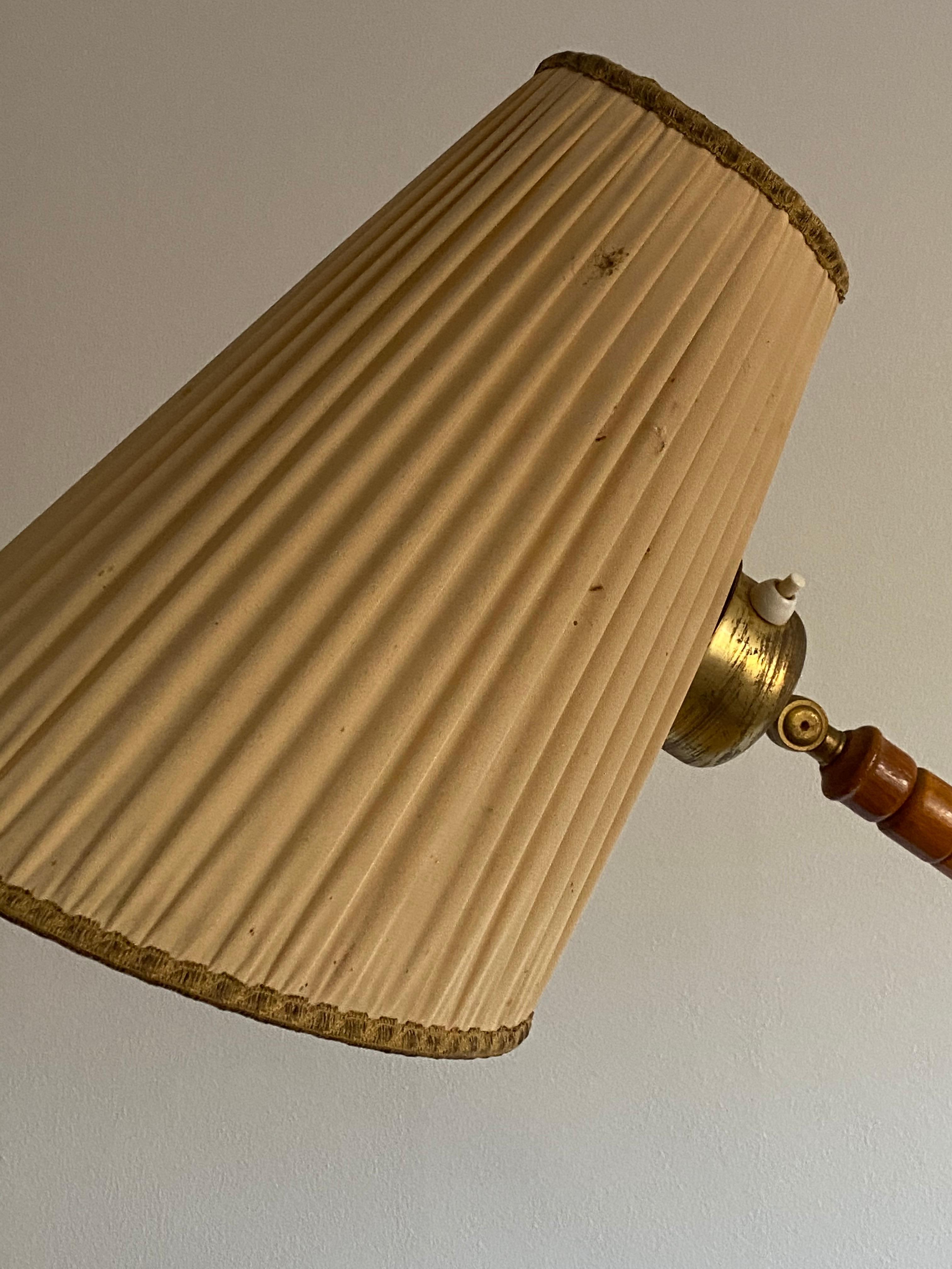 Swedish Modernist Designer, Large Floor Lamp, Wood, Brass, Fabric, 1940s In Good Condition In High Point, NC