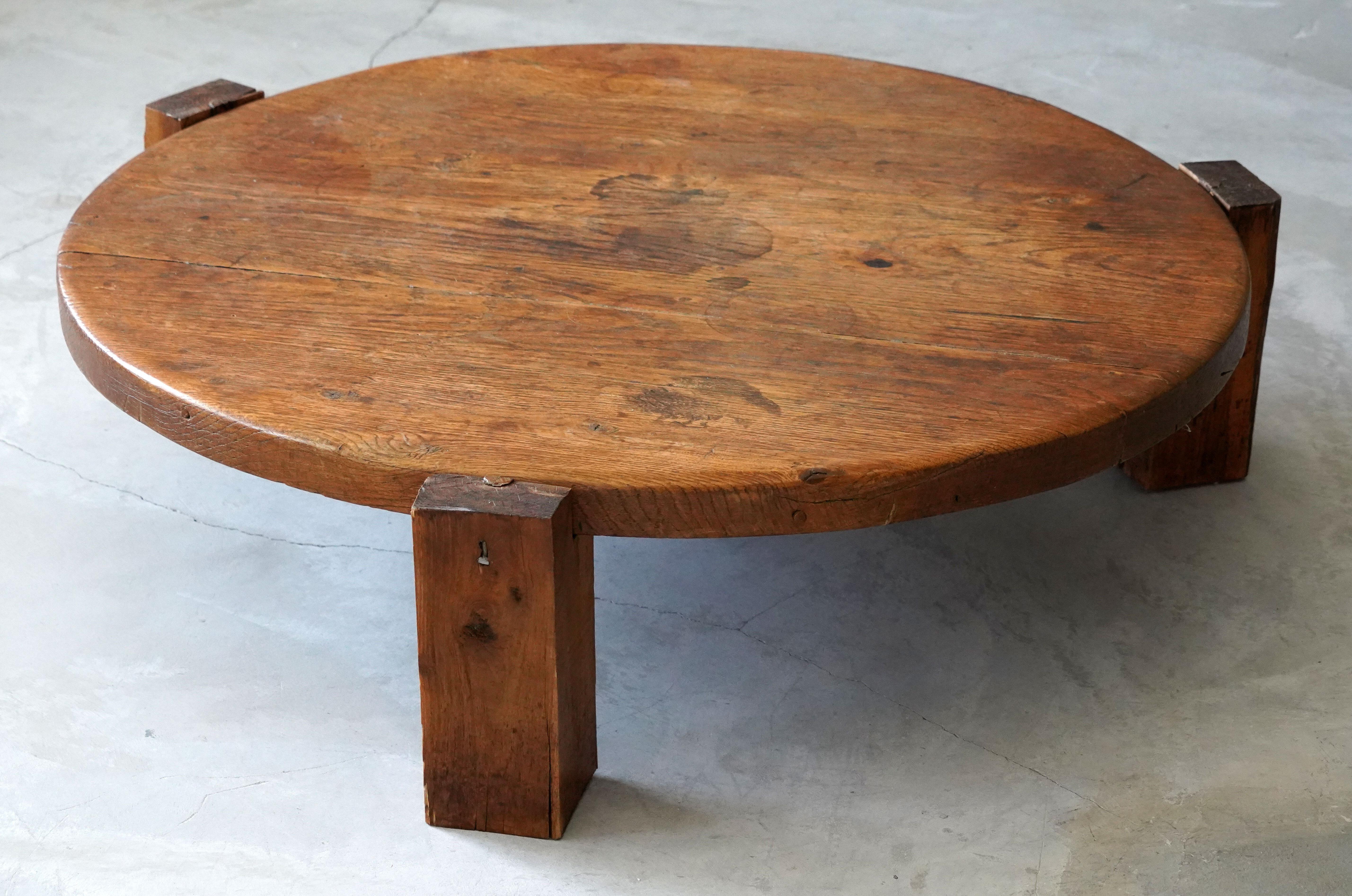 A large modernist coffee table, executed in solid oak. Designed and produced in Sweden, circa 1960-1970s. 

Other designers working in similar style include Roland Wilhelmsson, Axel Einar Hjorth, Donald Judd, Pierre Chapo, and Charlote Perriand.