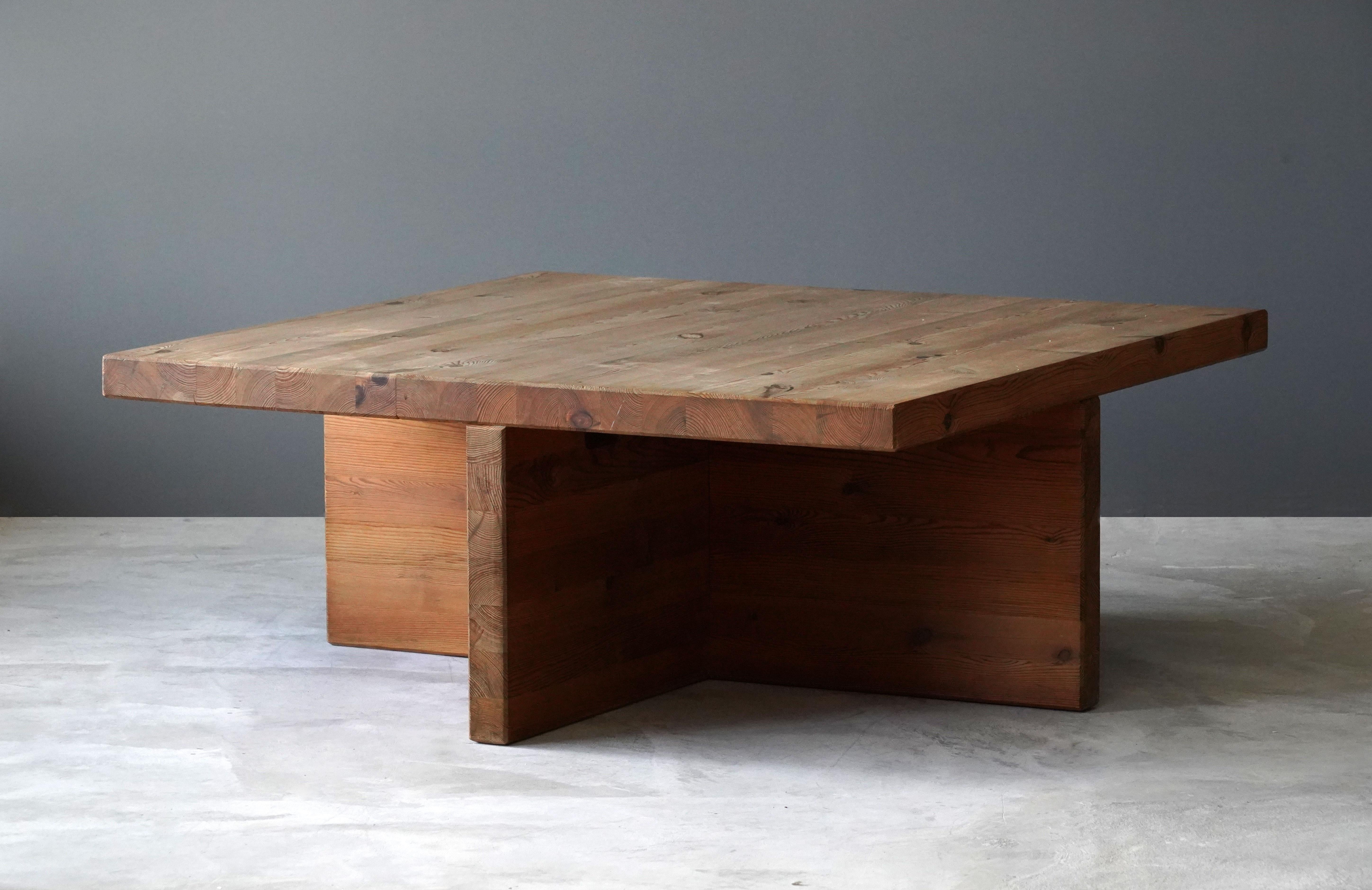 A large modernist coffee table, executed in massive pine. Designed and executed in Sweden, circa 1970s. The purity of the form enhances the natural beauty of the material.

Other designers working in similar style include Roland Wilhelmsson, Axel