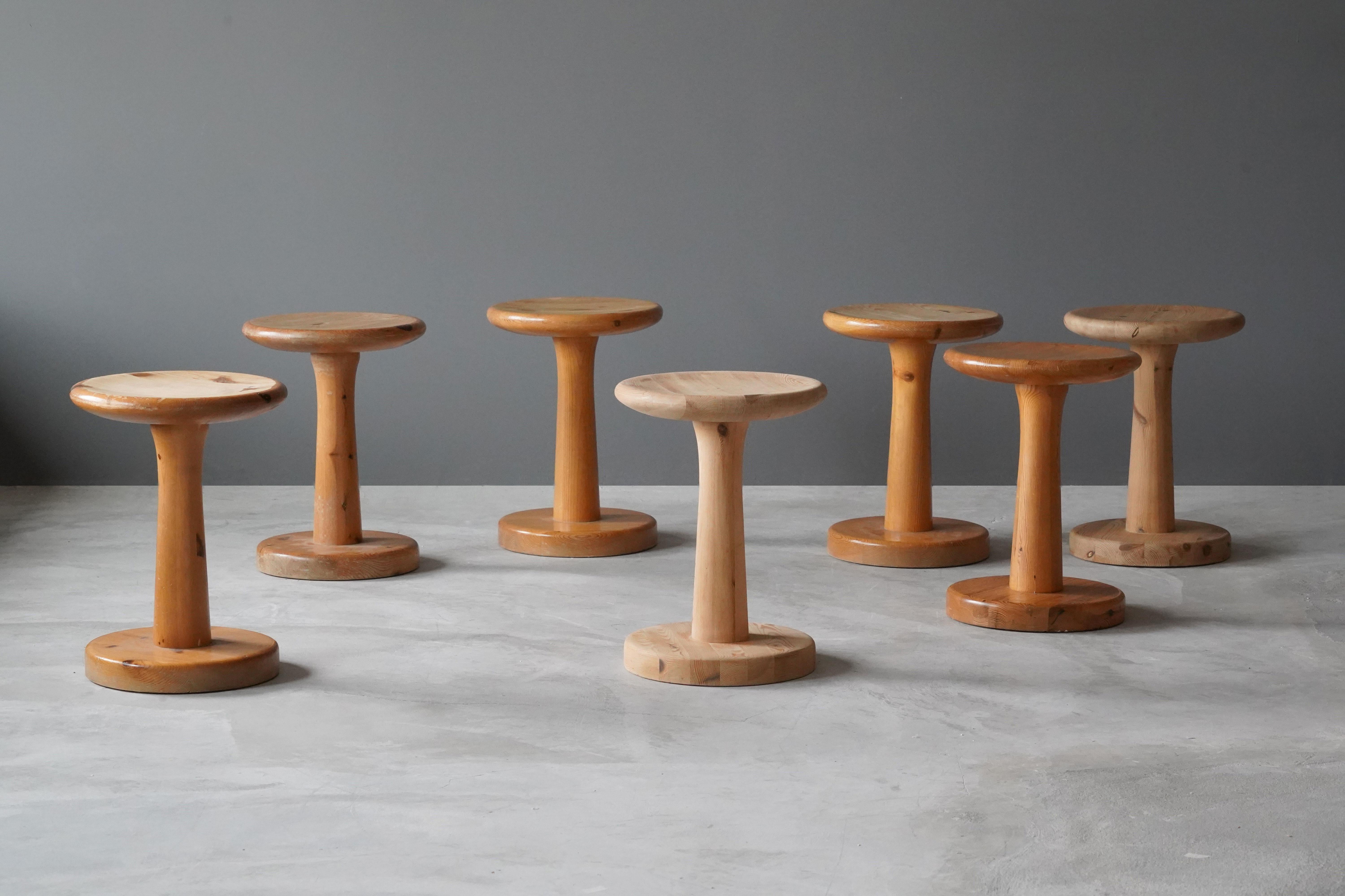 A Swedish pinewood stool or side table. By unknown designer, 1960s. Purity of form enhances the beauty of wood. 

Can be matched or sold individually. 2 examples completely sanded to raw wood, others partially sanded, and others in original