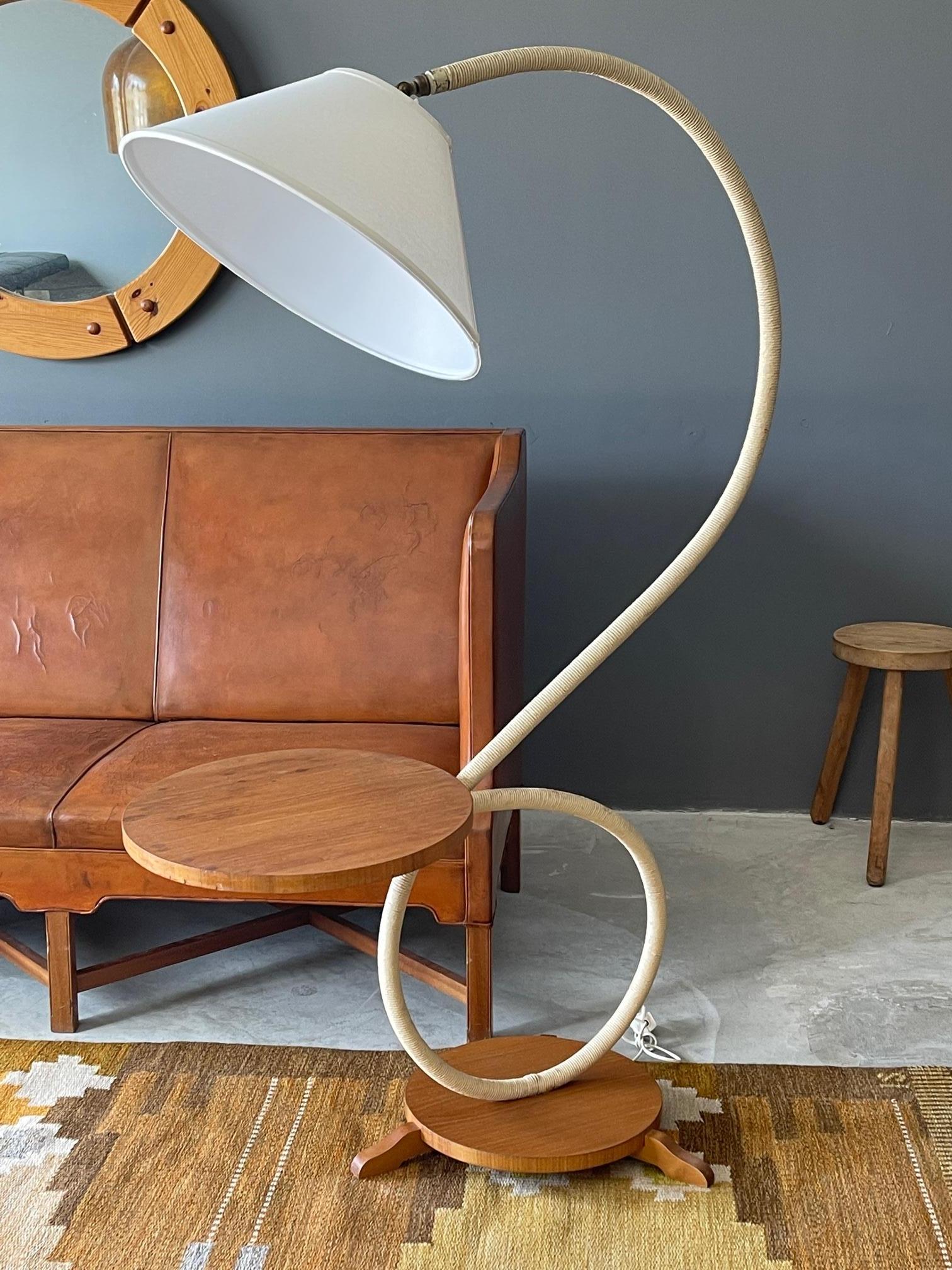 Swedish Modernist Designer, Organic Floor Lamp, Wood, Cord, Fabric, Brass, 1940s In Good Condition In High Point, NC