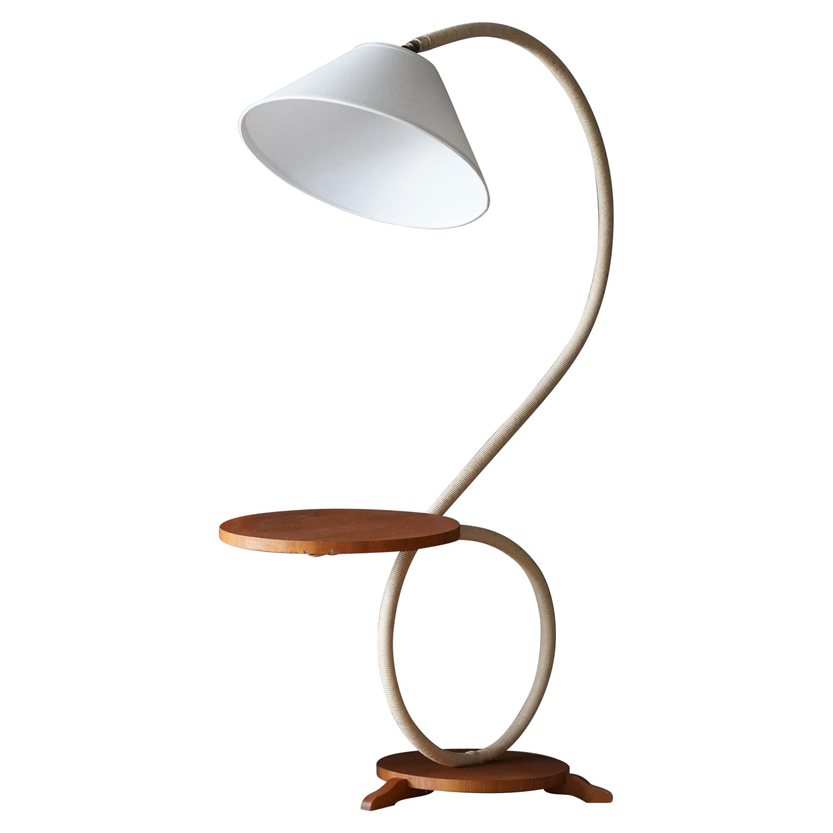 Swedish Modernist Designer, Organic Floor Lamp, Wood, Cord, Fabric, Brass, 1940s
