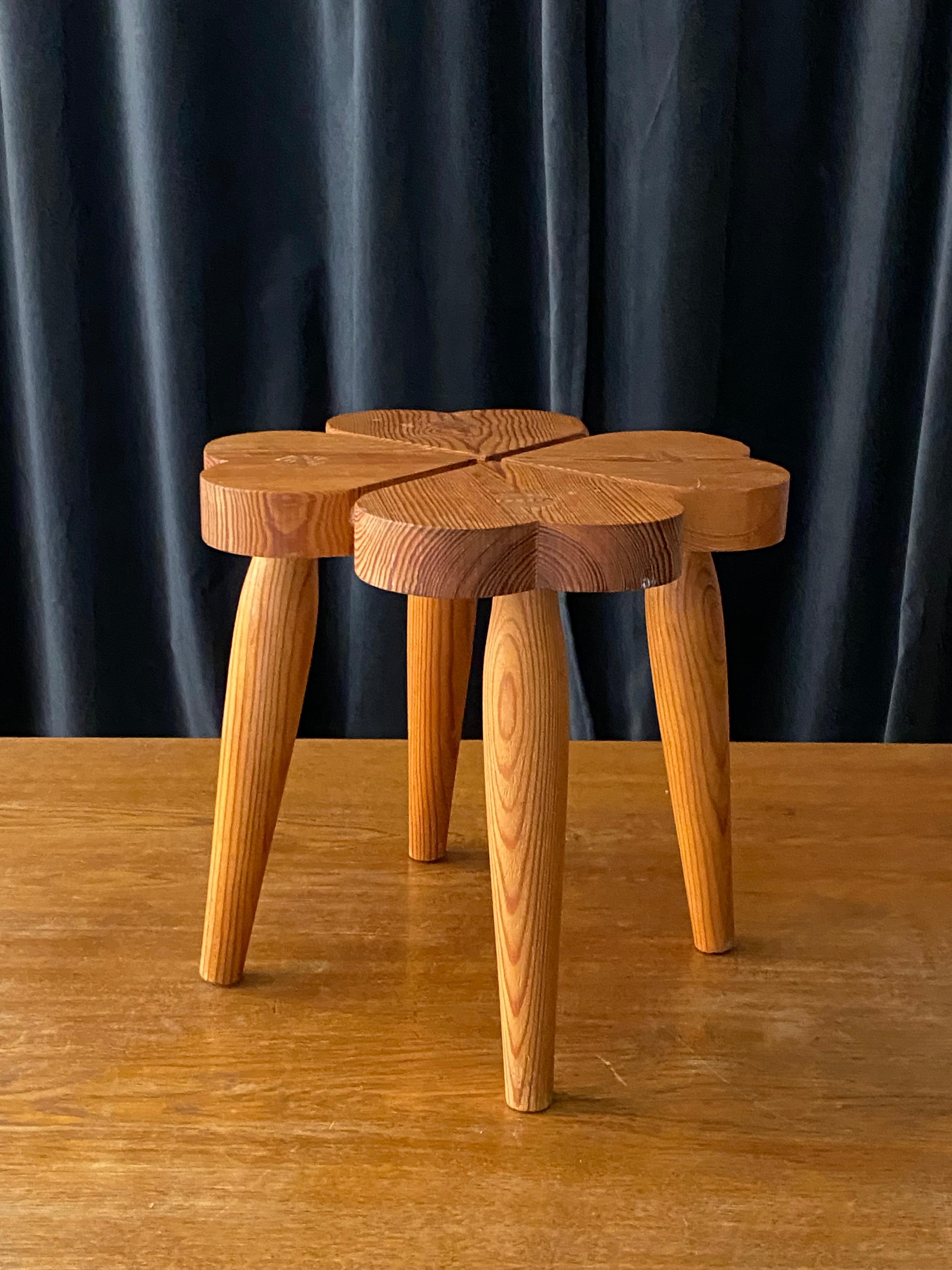 A modernist stool, by an unknown Swedish designer. In organically sculpted and joined solid pine. Produced in Sweden, circa 1960s.

Other designers of the period include Axel Einar Hjorth, Lisa Johansson-Pape, Pierre Chapo, and Charlotte Perriand.