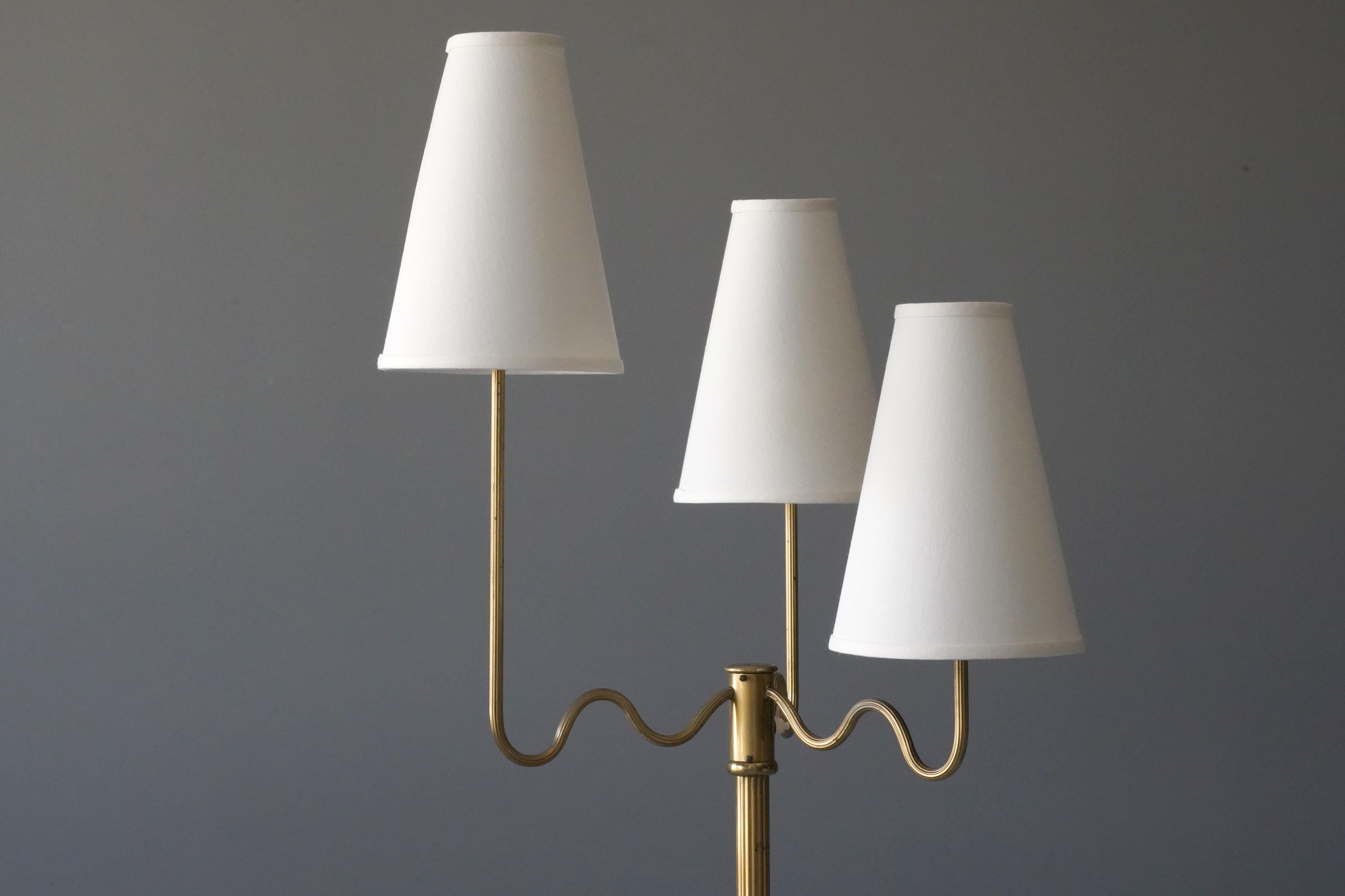 Scandinavian Modern Swedish Modernist Designer, Organic Three-Armed Floor Lamp, Brass, Linen, 1930s