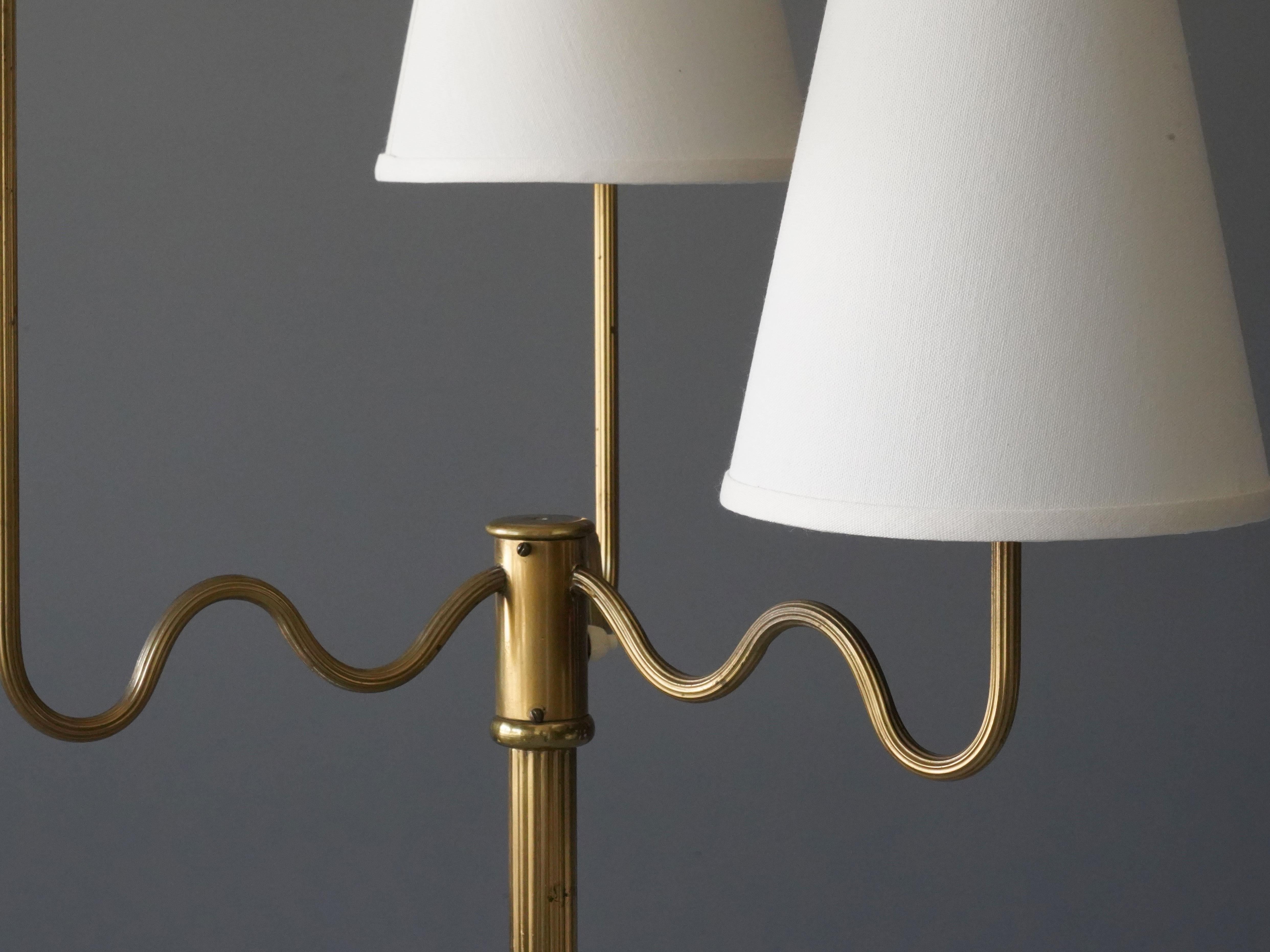 Swedish Modernist Designer, Organic Three-Armed Floor Lamp, Brass, Linen, 1930s In Fair Condition In High Point, NC