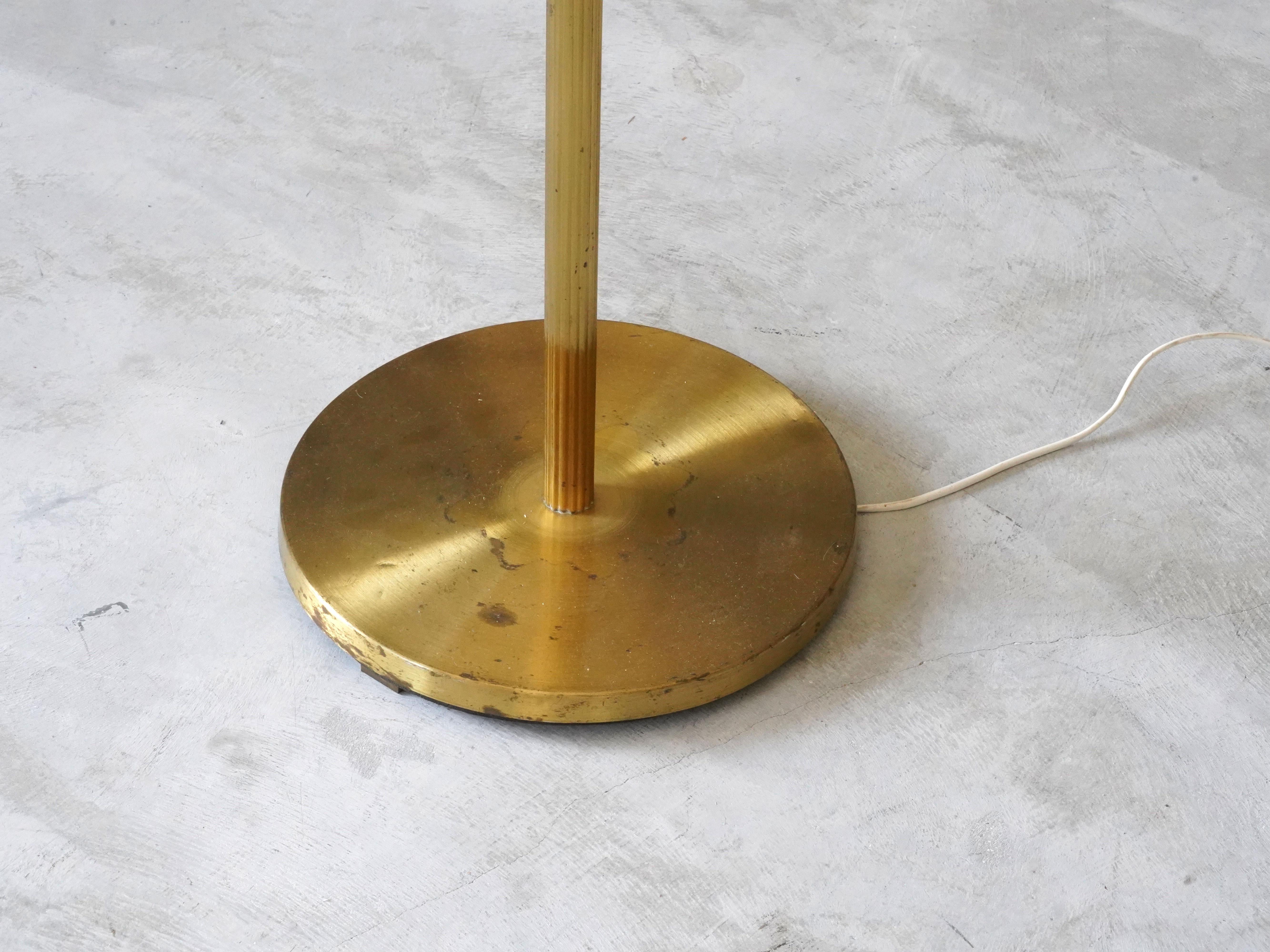 Mid-20th Century Swedish Modernist Designer, Organic Three-Armed Floor Lamp, Brass, Linen, 1930s