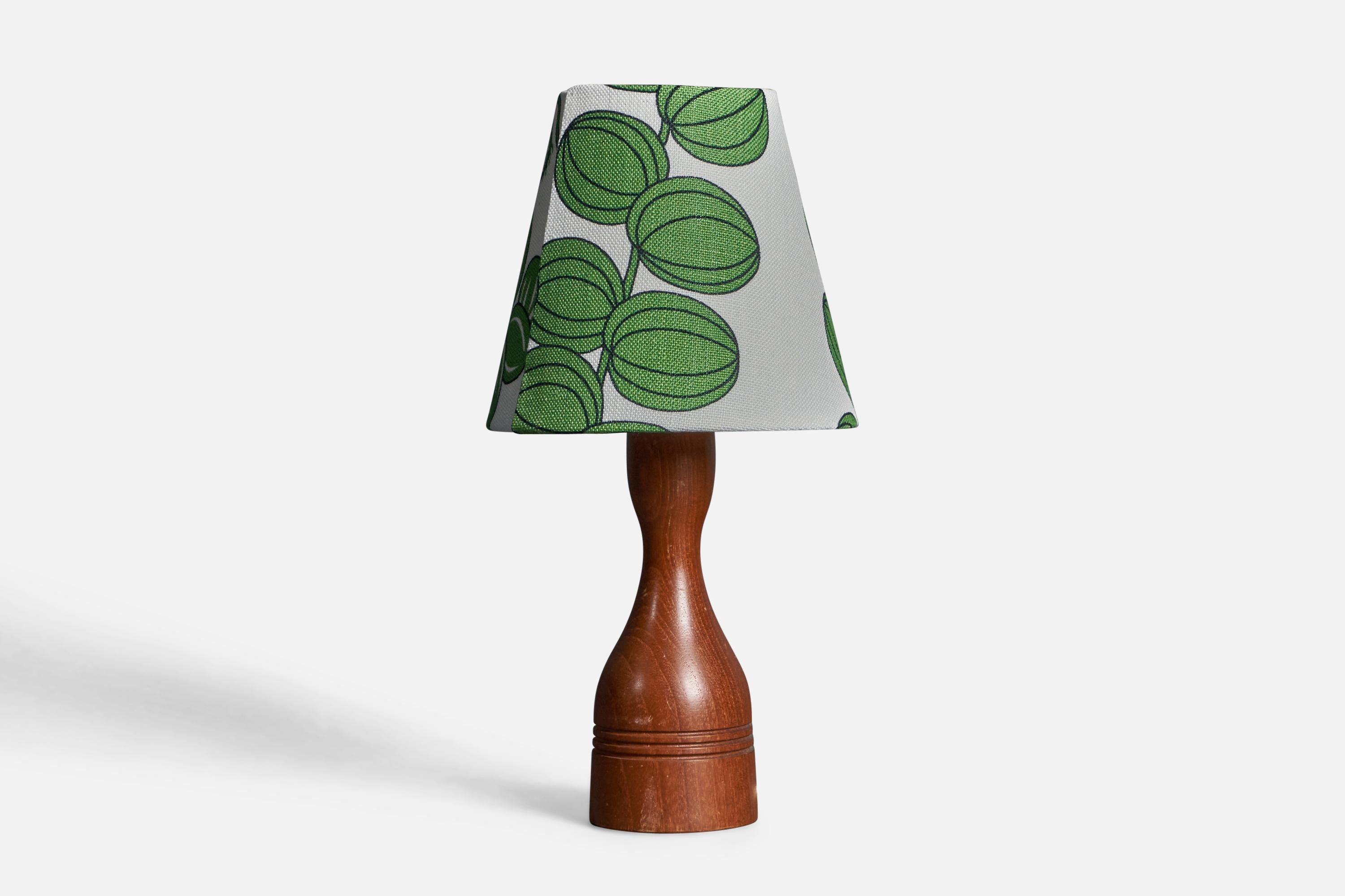 Mid-20th Century Swedish Modernist Designer, Small Organic Table Lamp, Teak, Fabric, Sweden 1950s For Sale