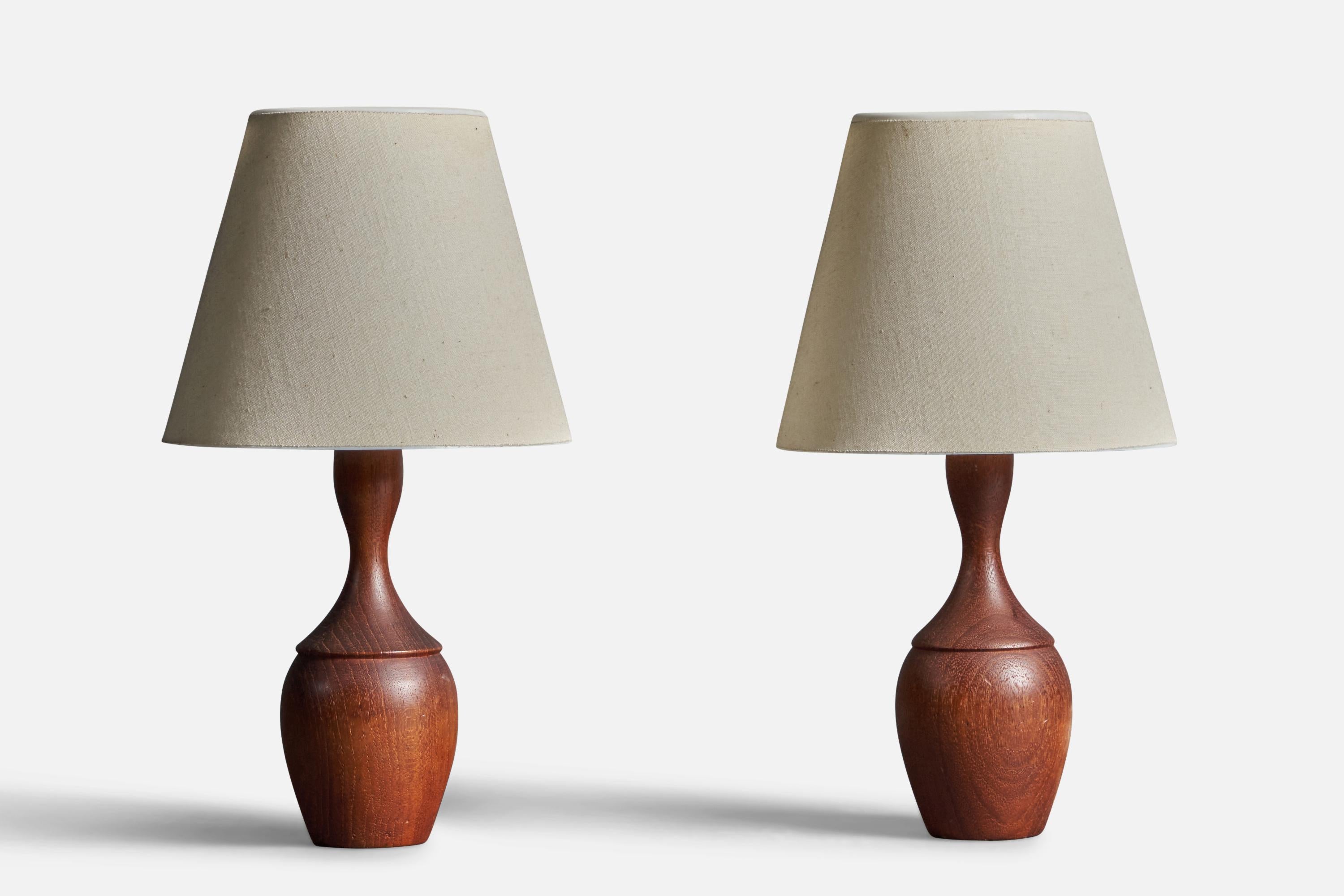 Mid-20th Century Swedish Modernist Designer, Small Organic Table Lamps Teak, Fabric, Sweden 1950s For Sale