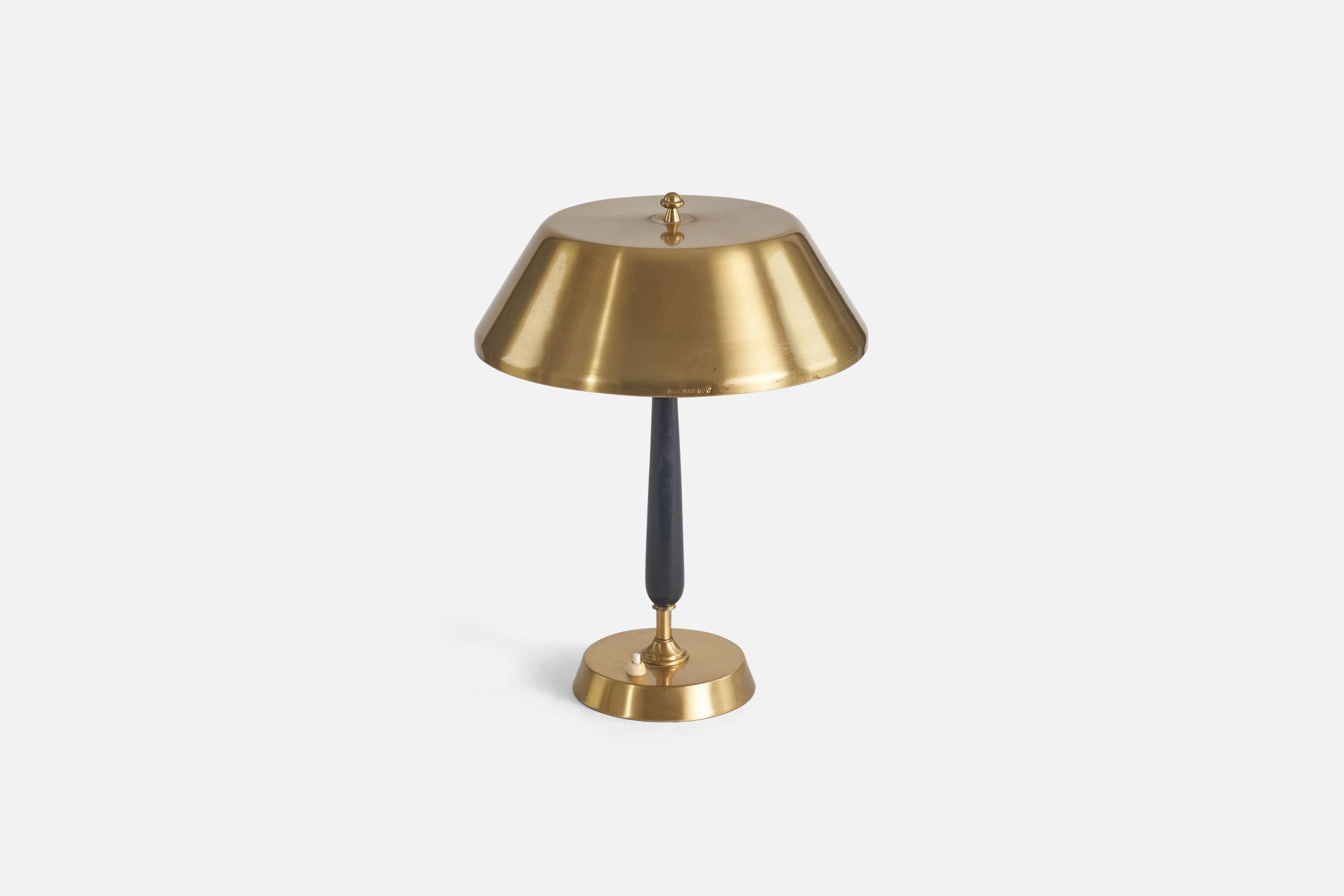 A brass and black-painted wooden table lamp designed and produced in Sweden, late 1940s.

Socket takes standard E-26 medium base bulb.
There is no maximum wattage stated on the fixture.
