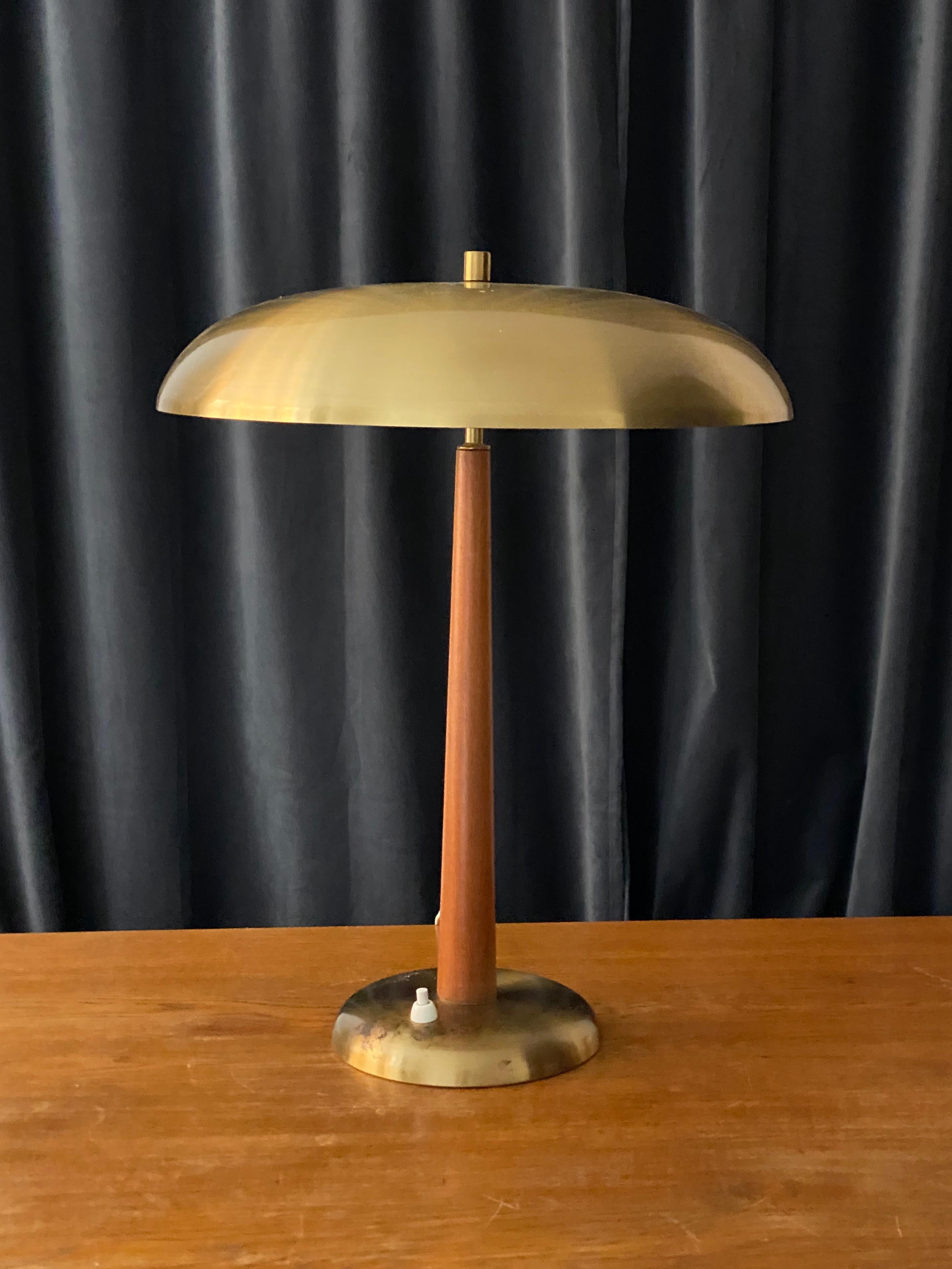 Scandinavian Modern Swedish Modernist Designer, Table Lamp, Brass, Stained Oak, 1940s