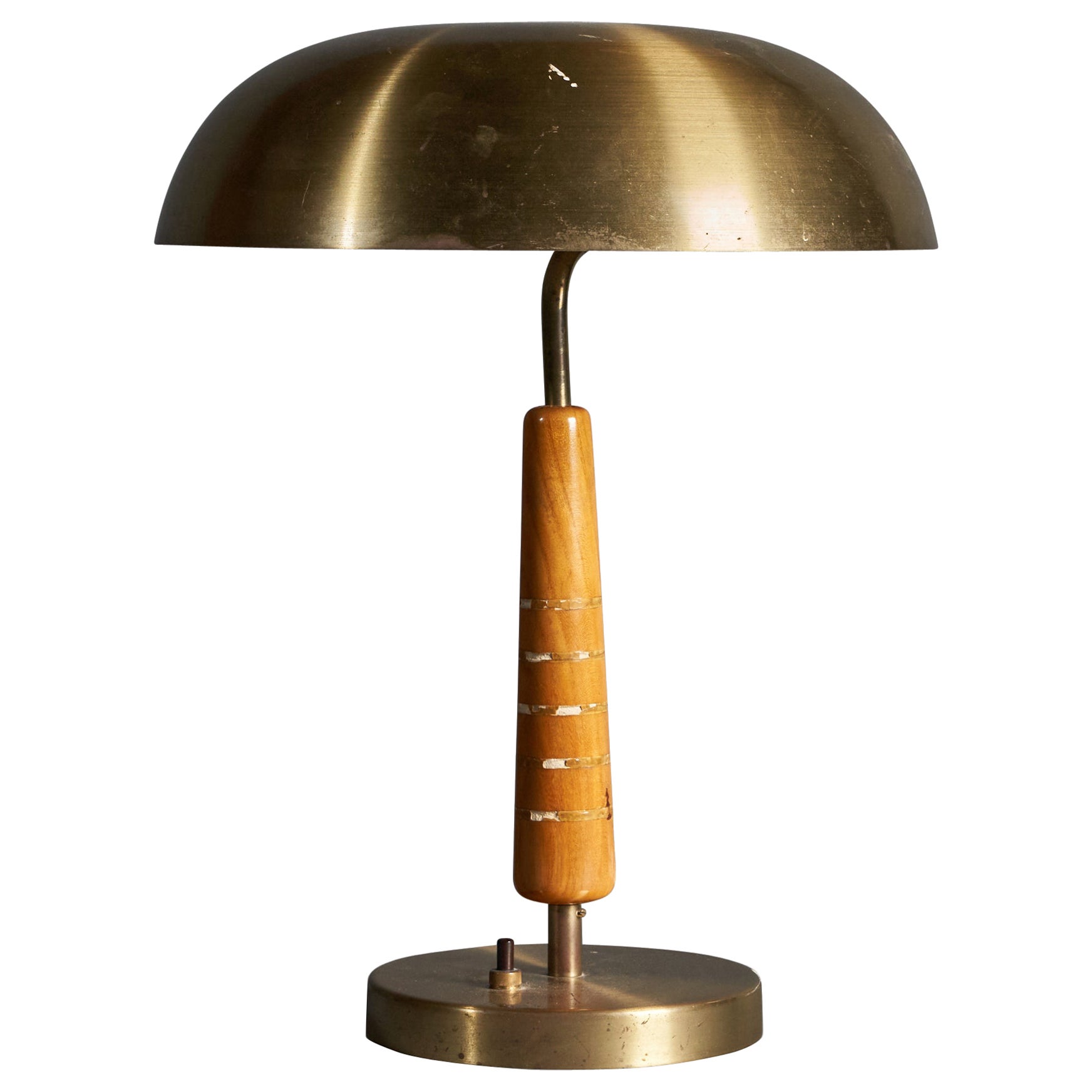 Swedish Modernist Designer, Table Lamp, Brass, Stained Oak, Wood Inlays, 1940s For Sale